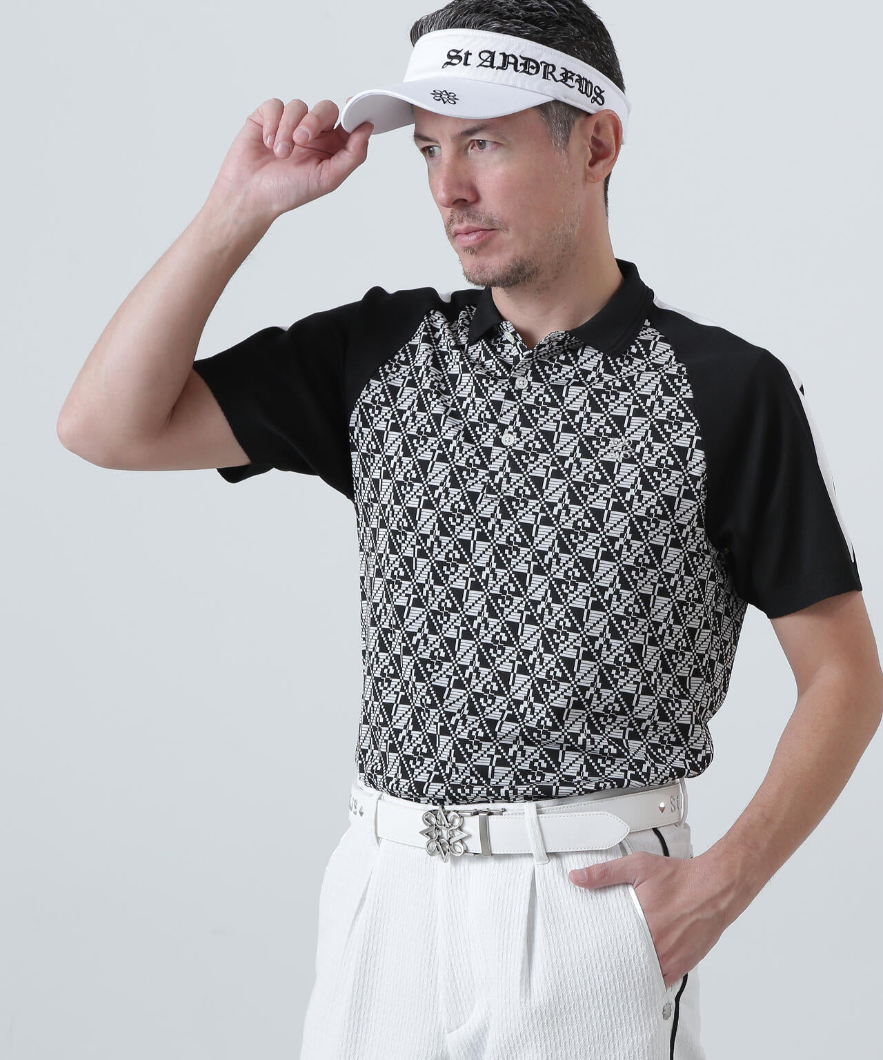 STAチェッカー柄ジャガード半袖ポロシャツ (MENS)