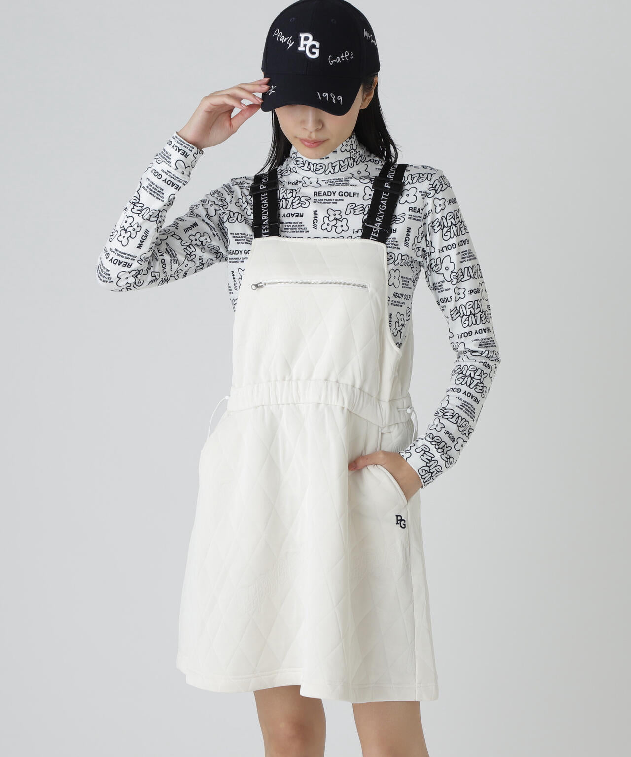 Peキルトジャガードサロペット風スカート