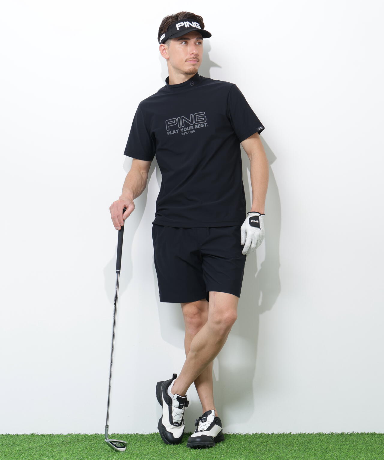 【PING APPAREL】全方向ストレッチドットメッシュ半袖ハイネックシャツ×ショートパンツ <PERFORMANCE> (MENS)