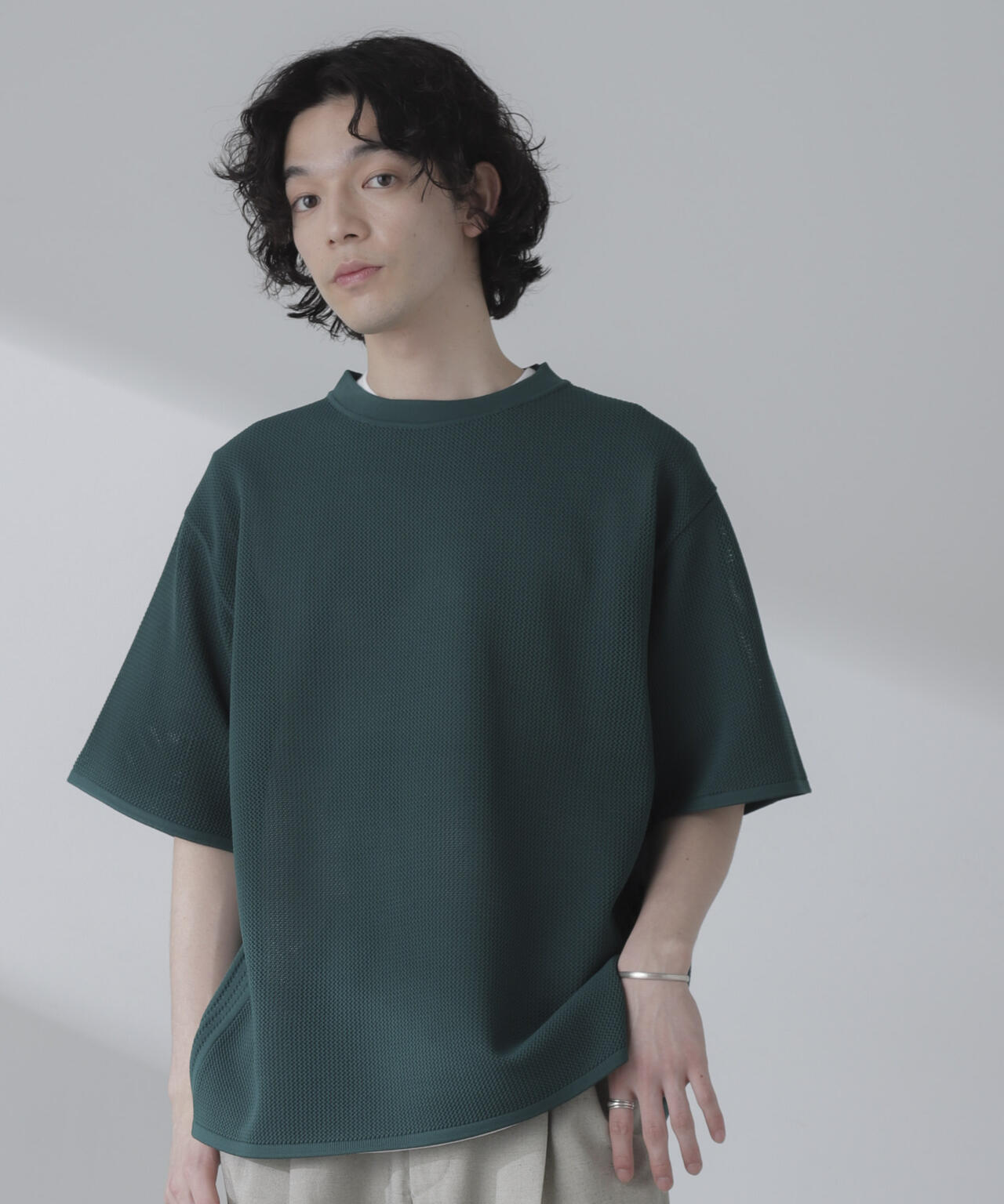 ポリメッシュリラックスクルーネックニットTシャツ