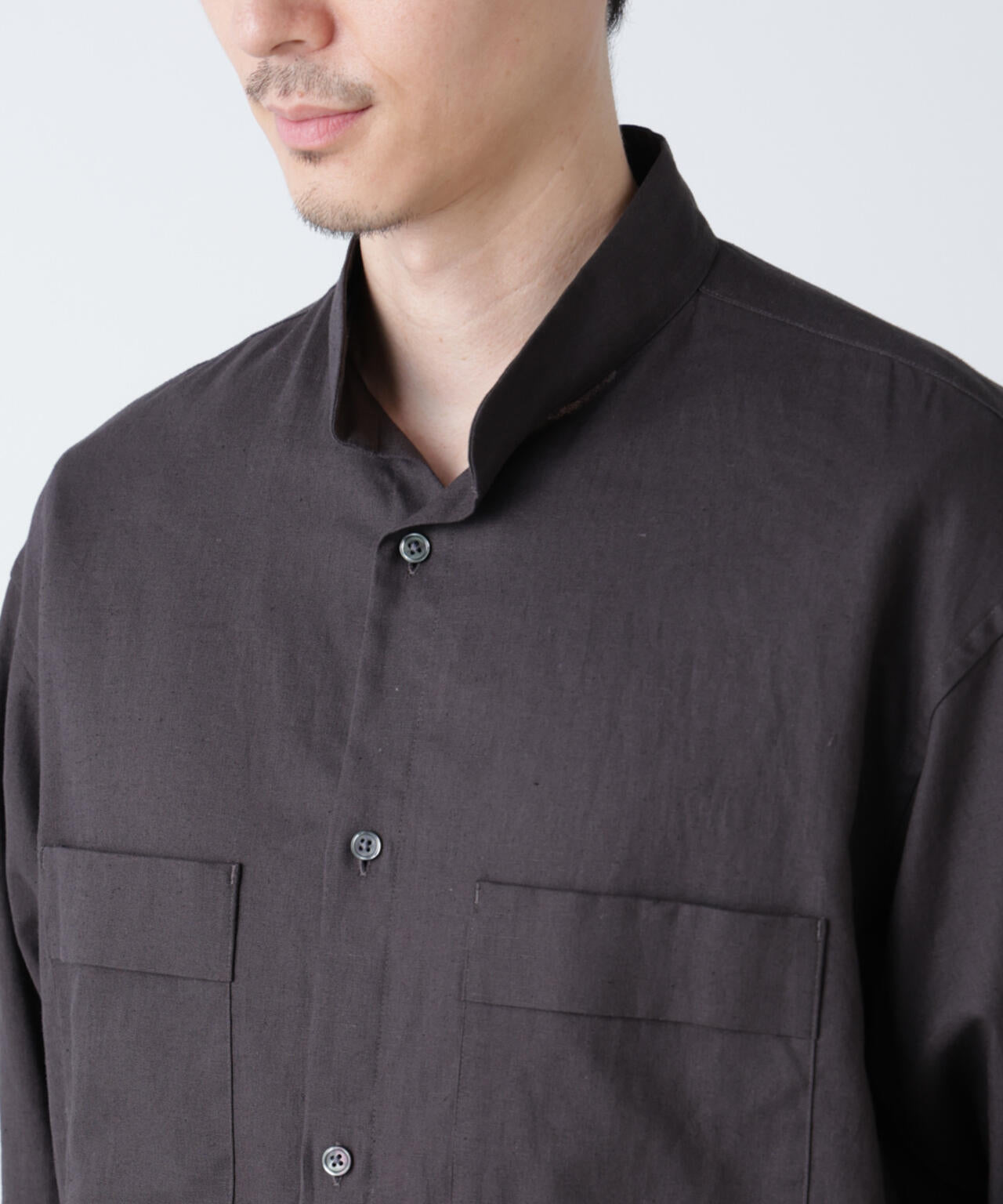 「BELGIUM LINEN FABRICS」リネンコットンスタンドカラーシャツ