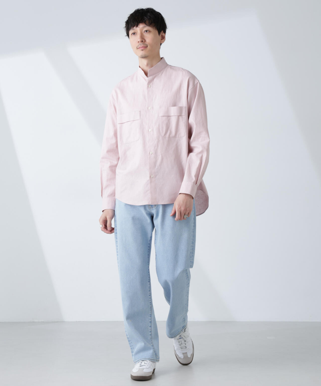 「BELGIUM LINEN FABRICS」リネンコットンスタンドカラーシャツ