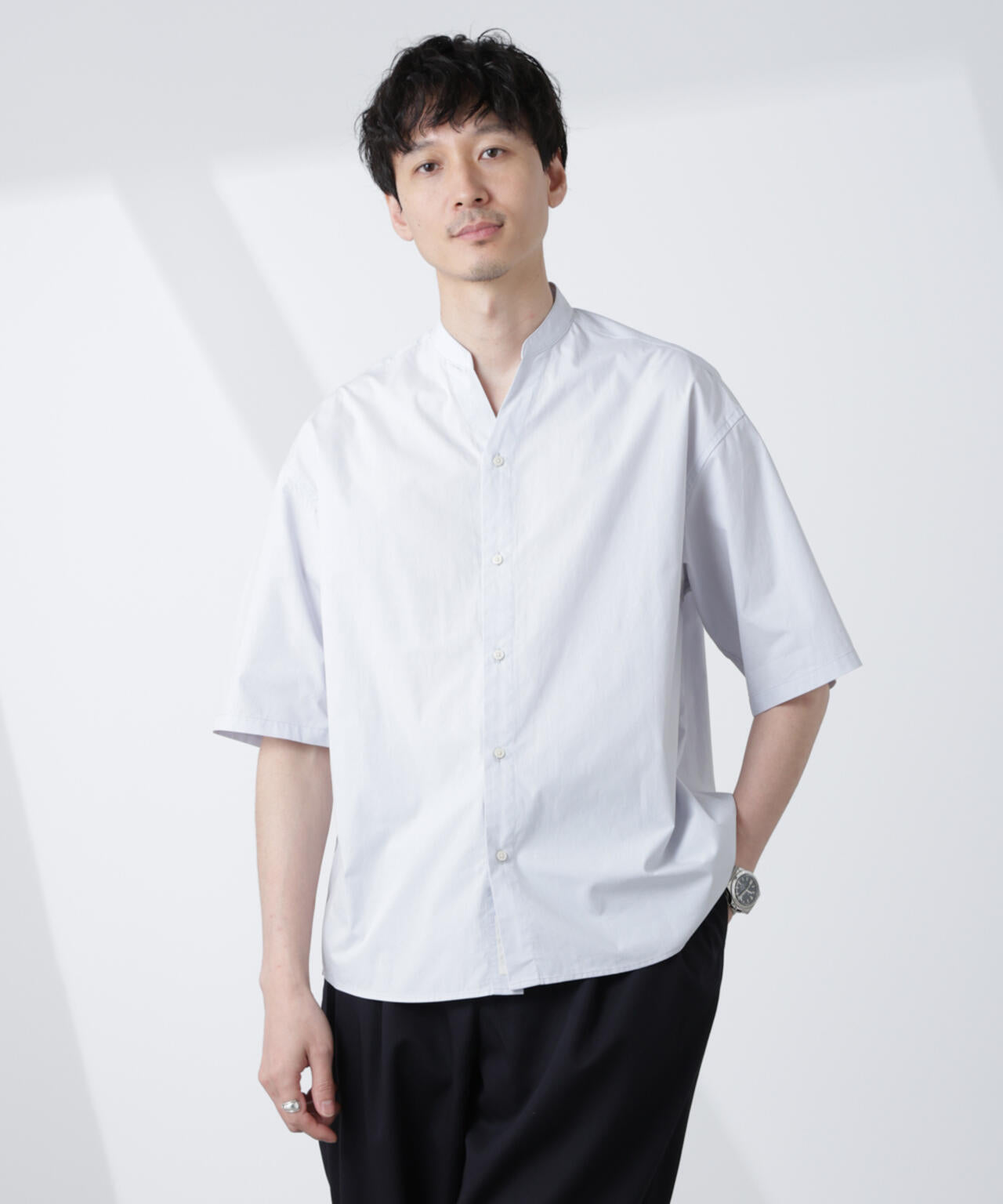 「大人のワイドシャツ」バンドカラー 半袖