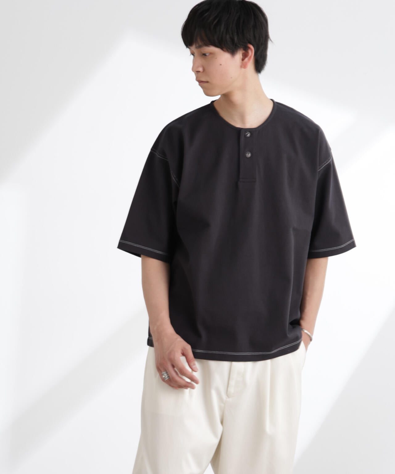 ヘビーオンスワイドヘンリーネックTシャツ 半袖