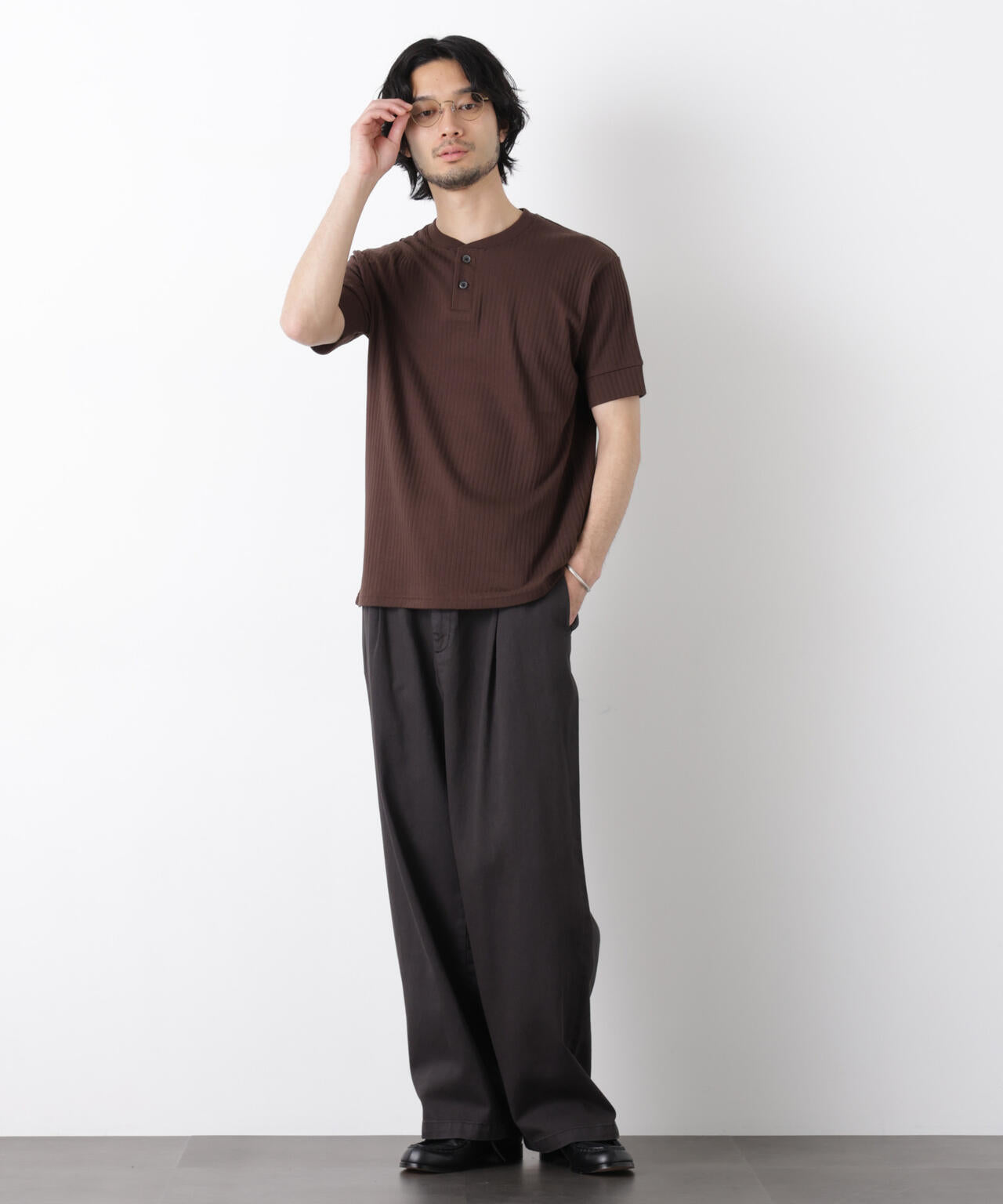 ワイドリブスタンダードヘンリーネックTシャツ 半袖