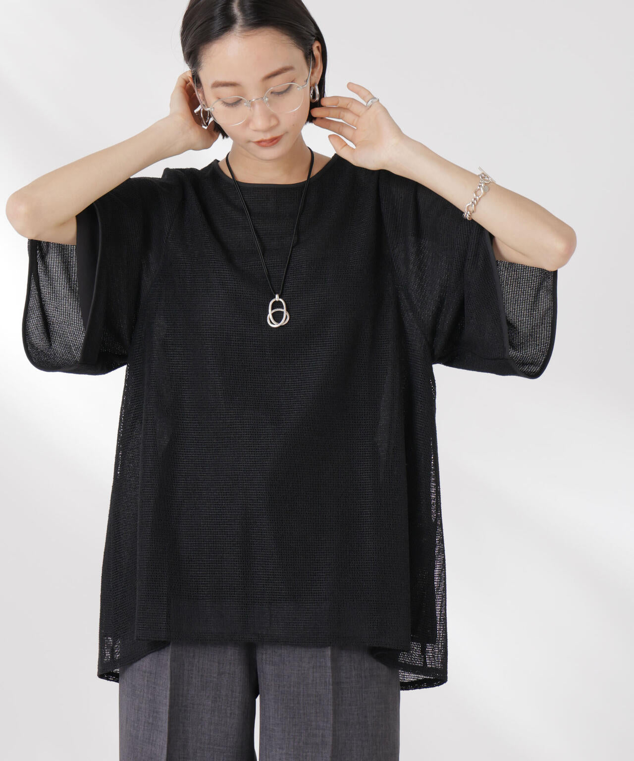 メッシュ×シフォンコンビチュニックトップス