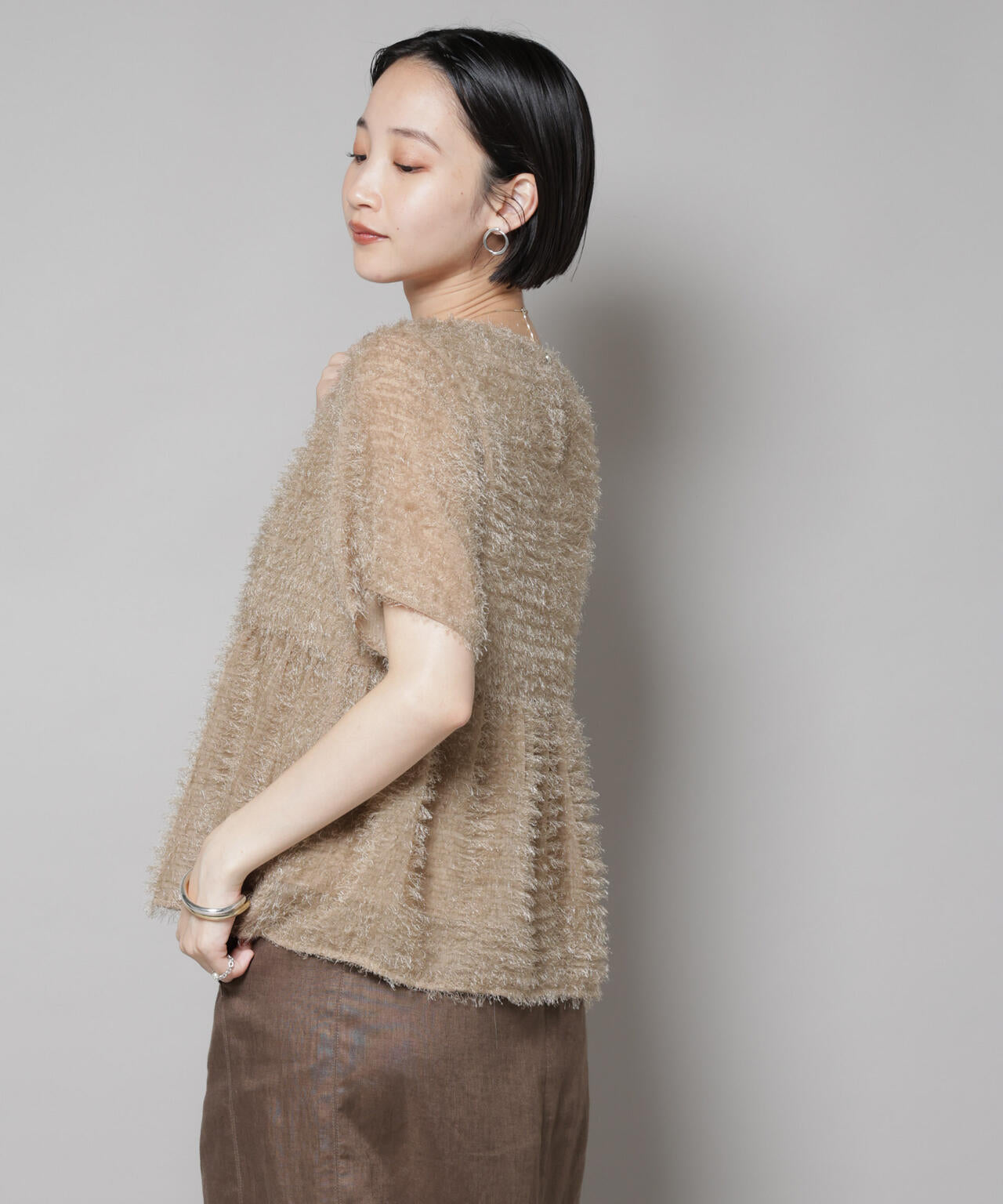 フリンジシフォンギャザーブラウス(セットアップ可)