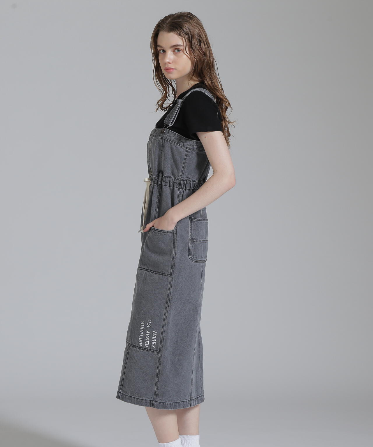 BELT PRINT DENIM JUMPER SKIRT/ベルトプリントデニムジャンパースカート