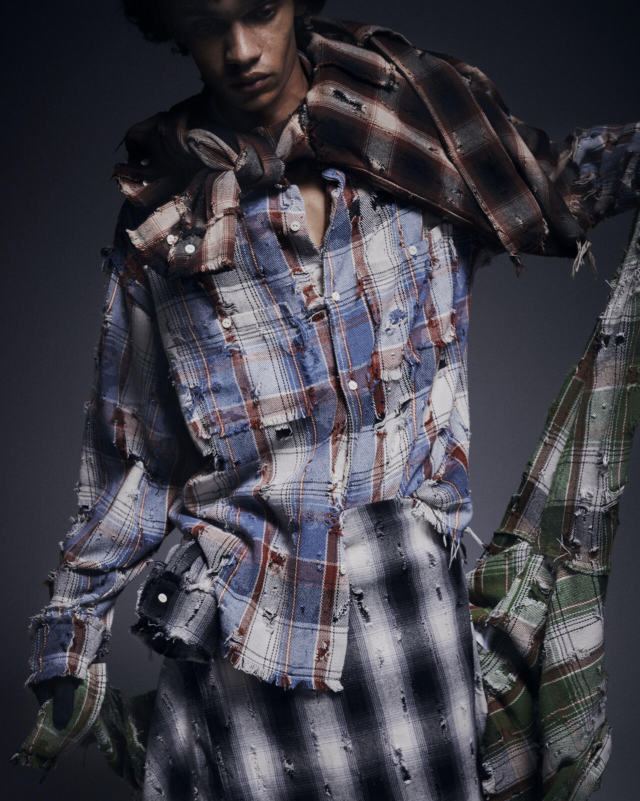 DankeSchon/ダンケシェーン/DAMAGE CAMO CHECK L/S SHIRTS