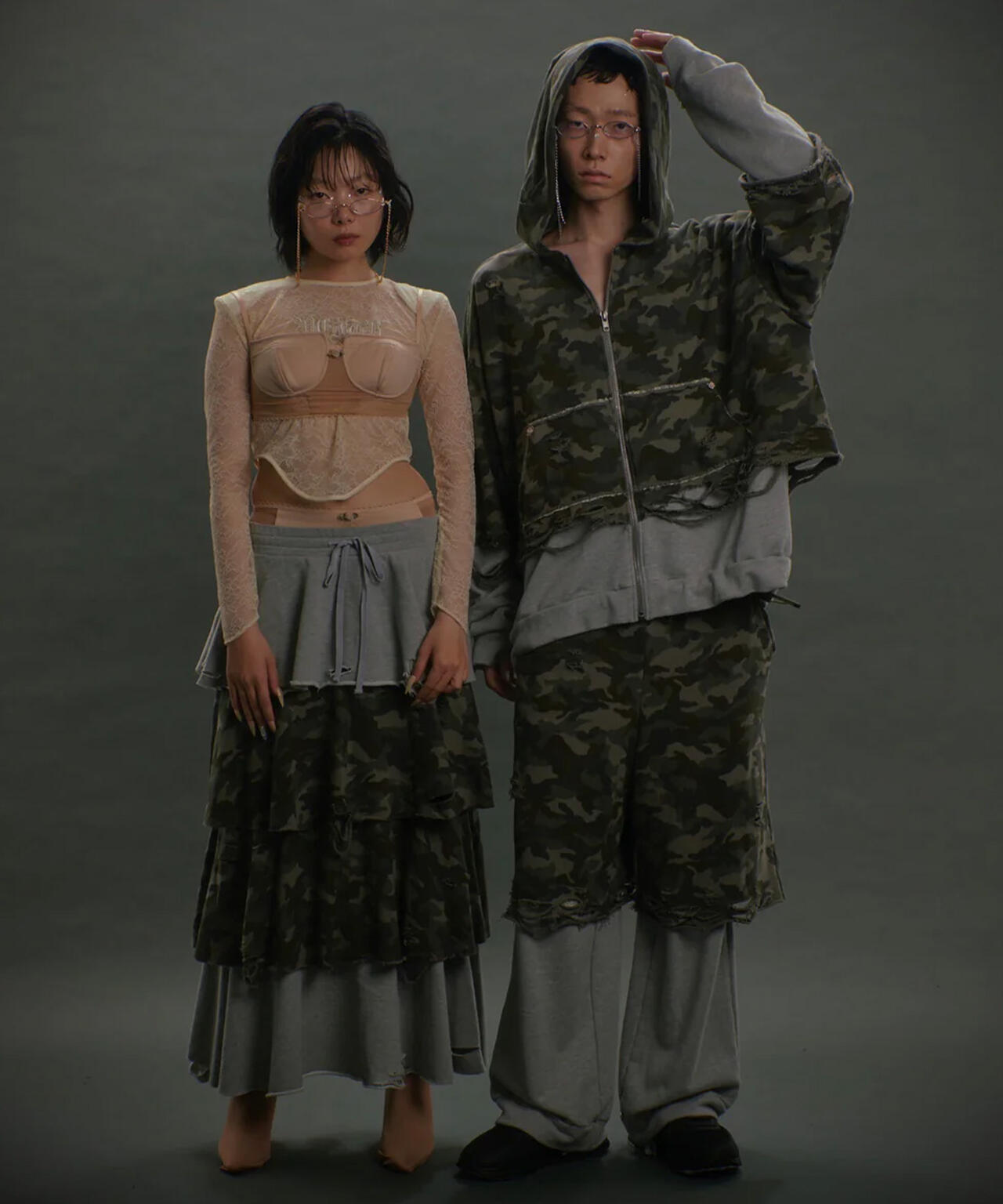 neith./ネイス/Layered Crush Sweat Pants(Camo×Gray)