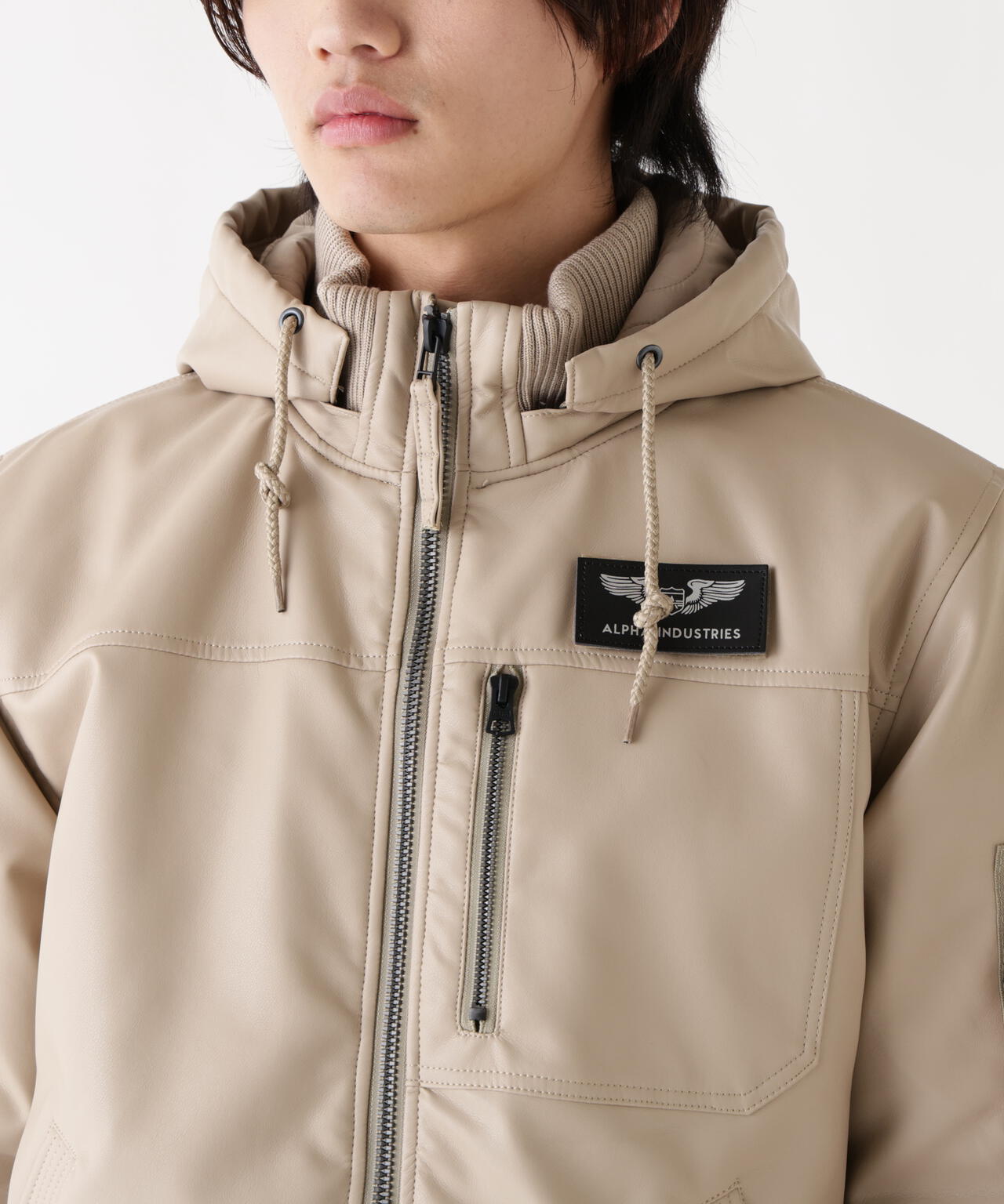 FAUX LEATHER HOODED RIB FLIGHT JACKET