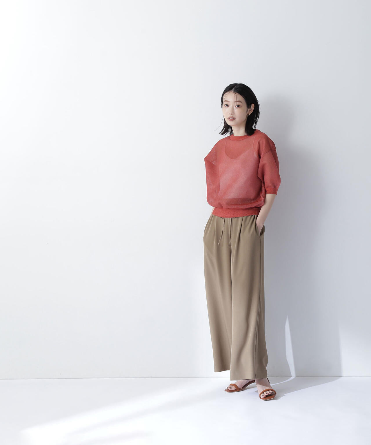 リネンライクリボンイージーワイドパンツ*