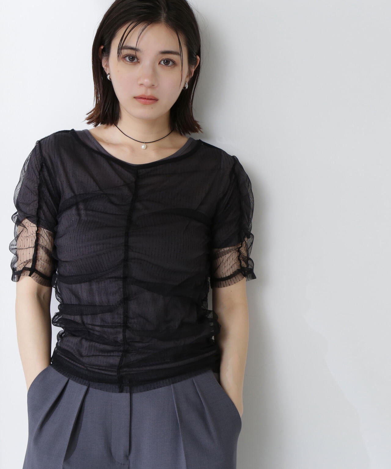 ギャザーチュールレイヤードTシャツ*