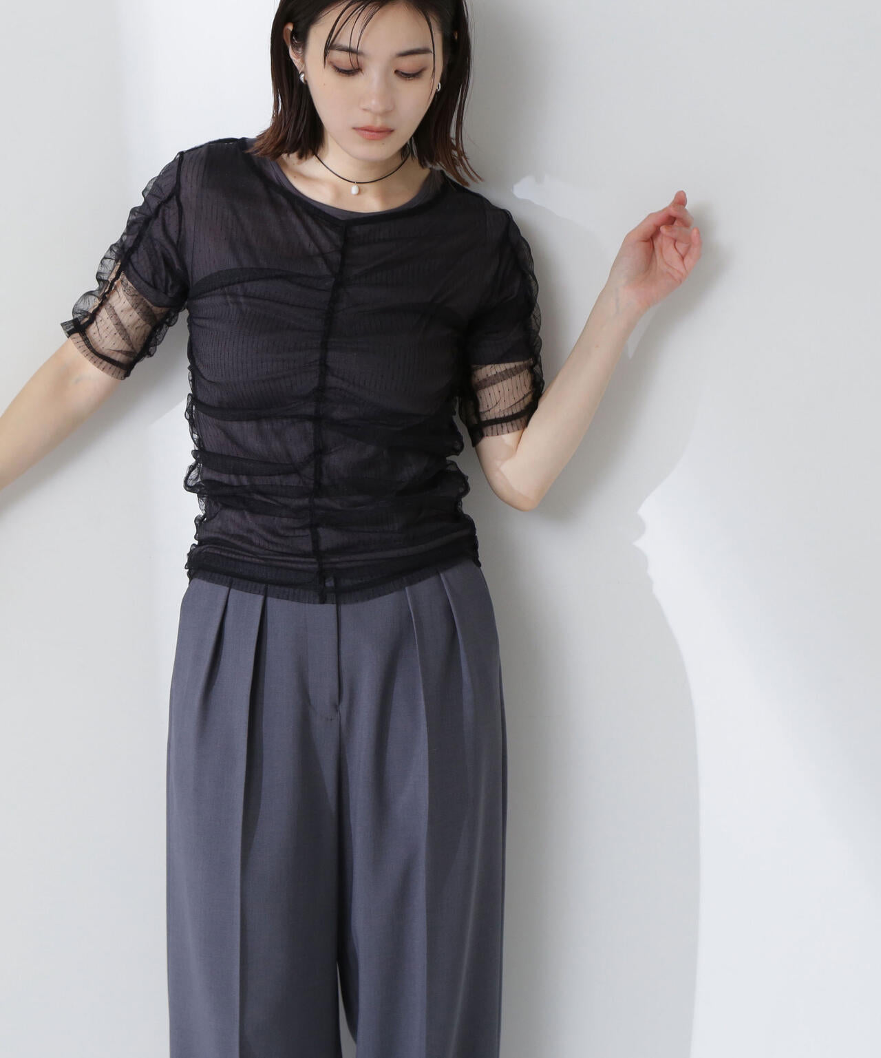 ギャザーチュールレイヤードTシャツ*