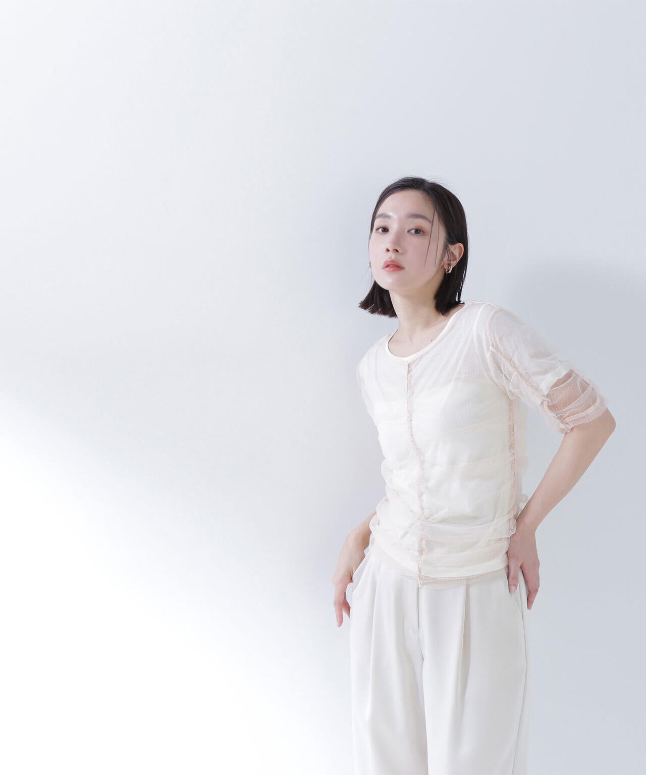 ギャザーチュールレイヤードTシャツ*