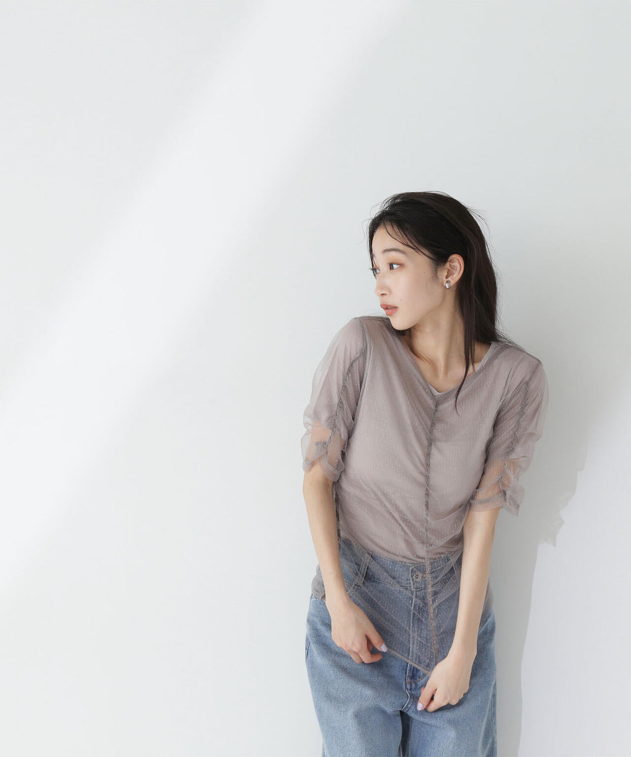 ギャザーチュールレイヤードTシャツ*