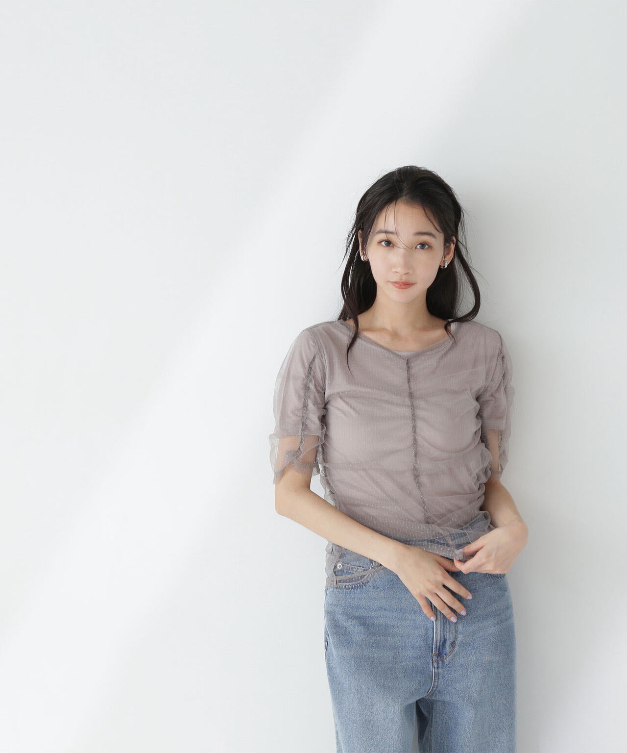 ギャザーチュールレイヤードTシャツ*