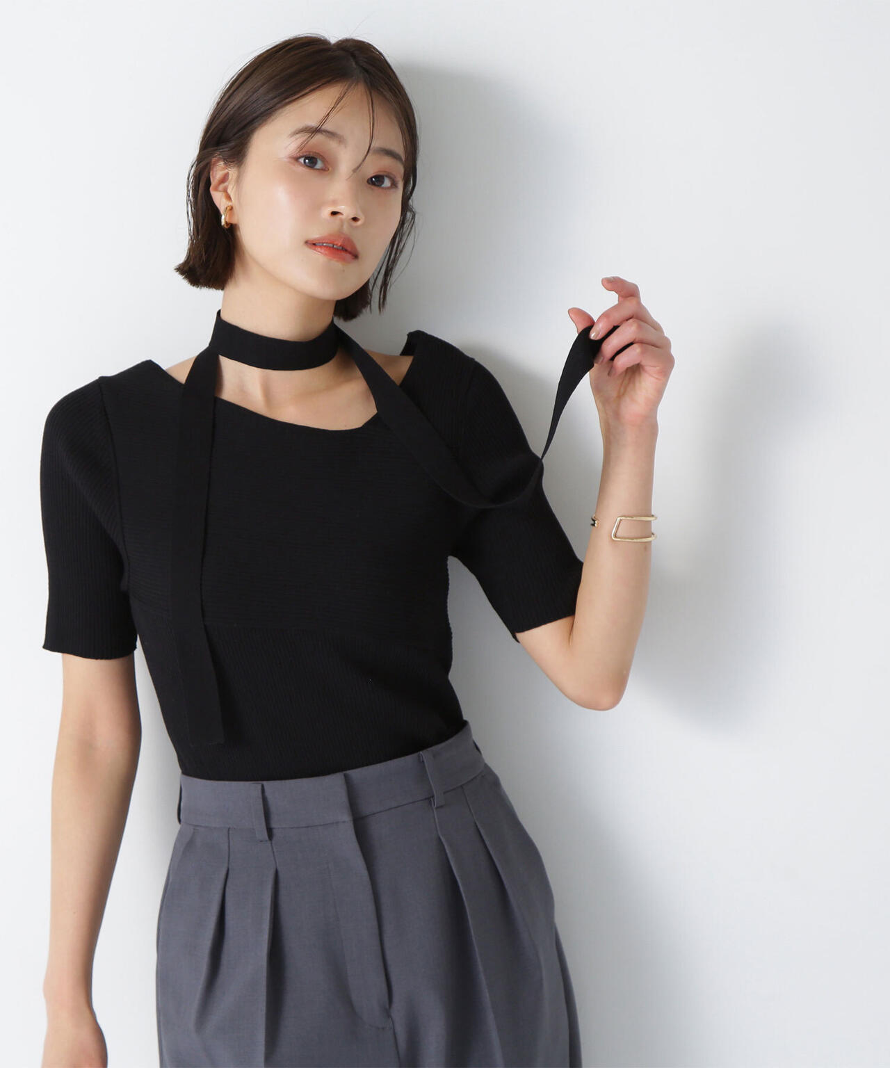 タイ付アシメネックニット*