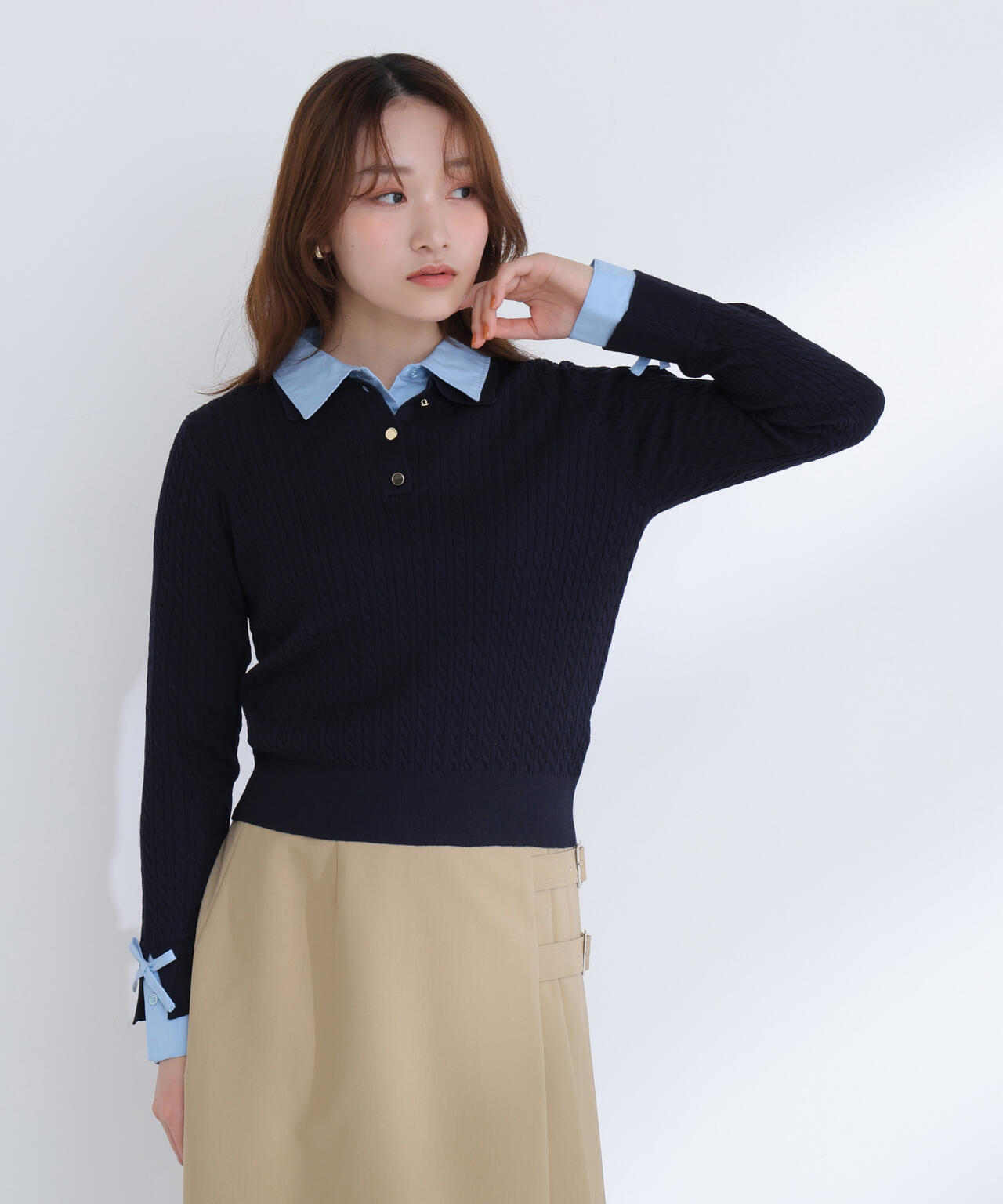 <Oggi.jp掲載>シャツドッキングケーブルニット