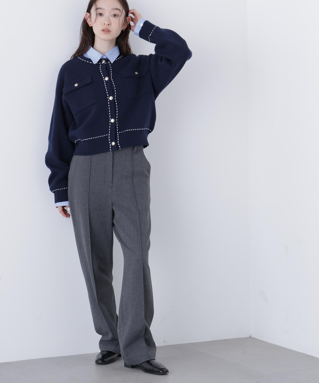 【銀座インズ・mixi.mom 限定カラー：ネイビー】ステッチニットジャケット