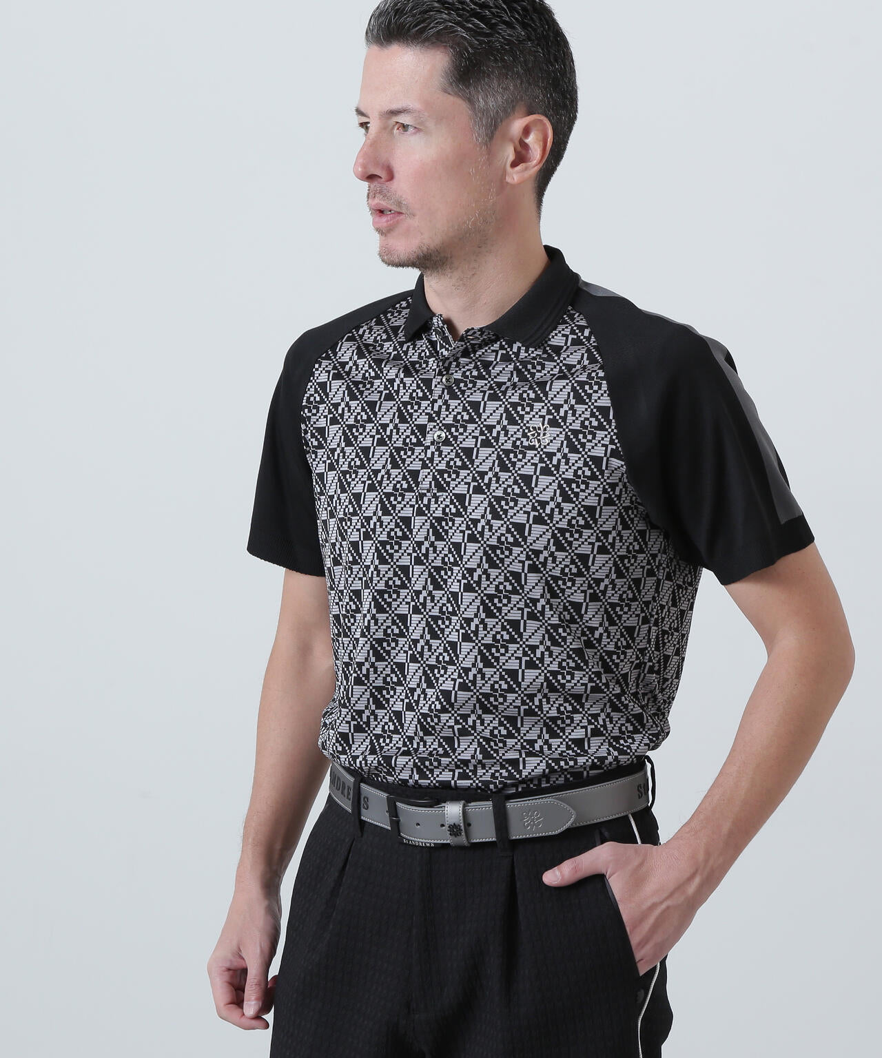 STAチェッカー柄ジャガード半袖ポロシャツ (MENS)