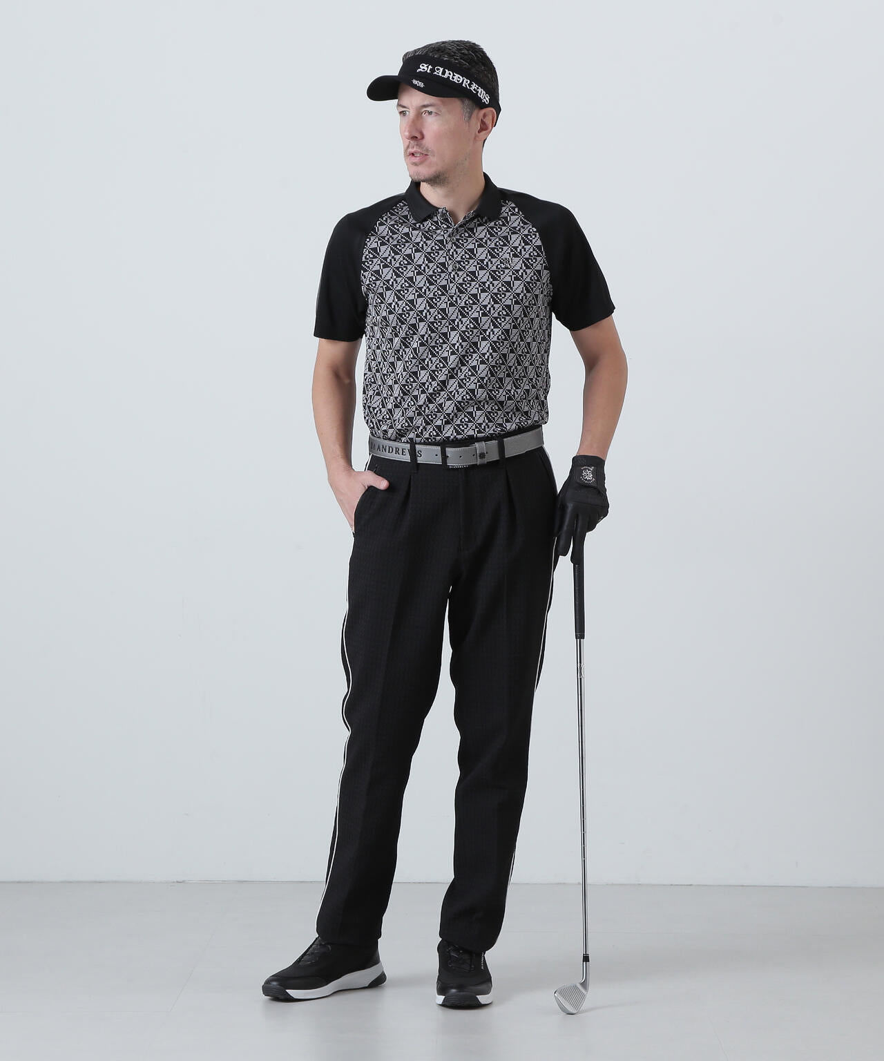 STAチェッカー柄ジャガード半袖ポロシャツ (MENS)