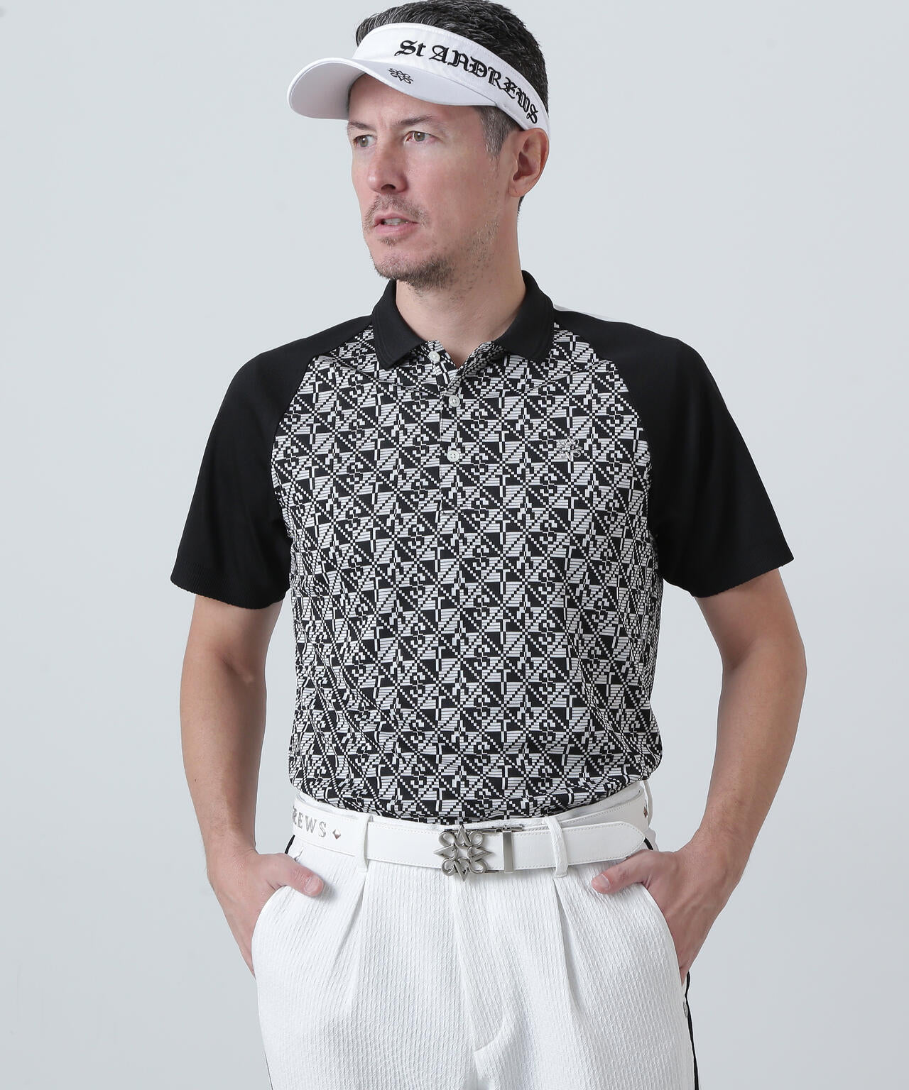 STAチェッカー柄ジャガード半袖ポロシャツ (MENS)