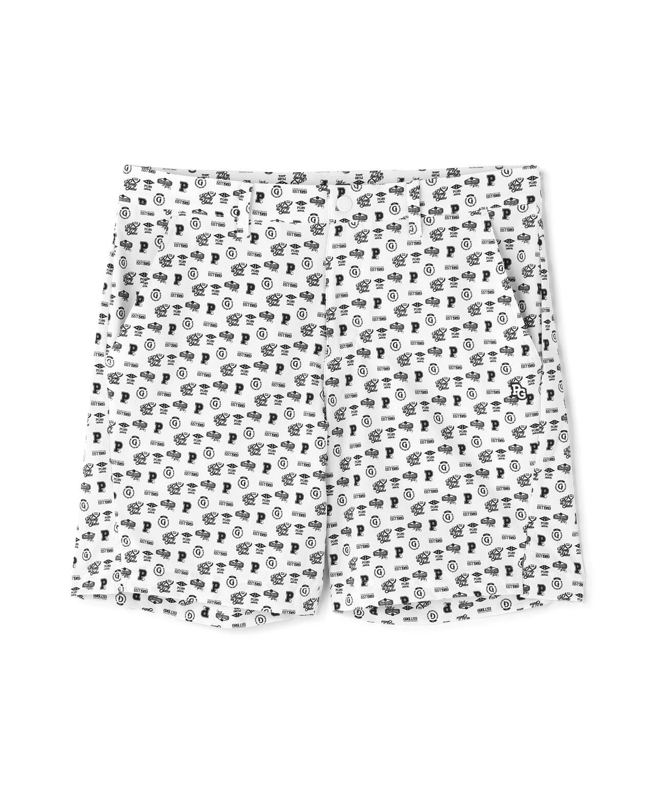 ナイロンストレッチショートパンツ ＜カレッジロゴ総柄＞