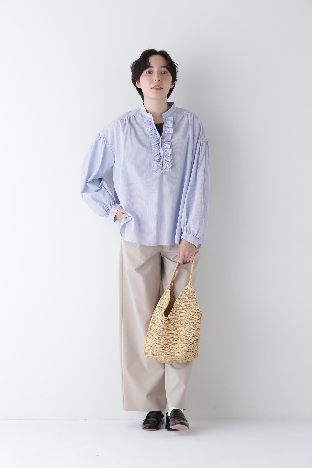 【WEB限定サイズ】Ｐレーヨン麻ポプリンマーベルトセミワイドパンツ