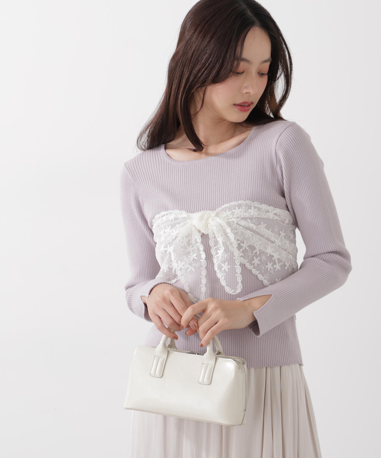 《EDIT COLOGNE》レーススカーフ付きリブニット【ホワイト×ブラックボーダー：official site・ZOZO・一部店舗限定】