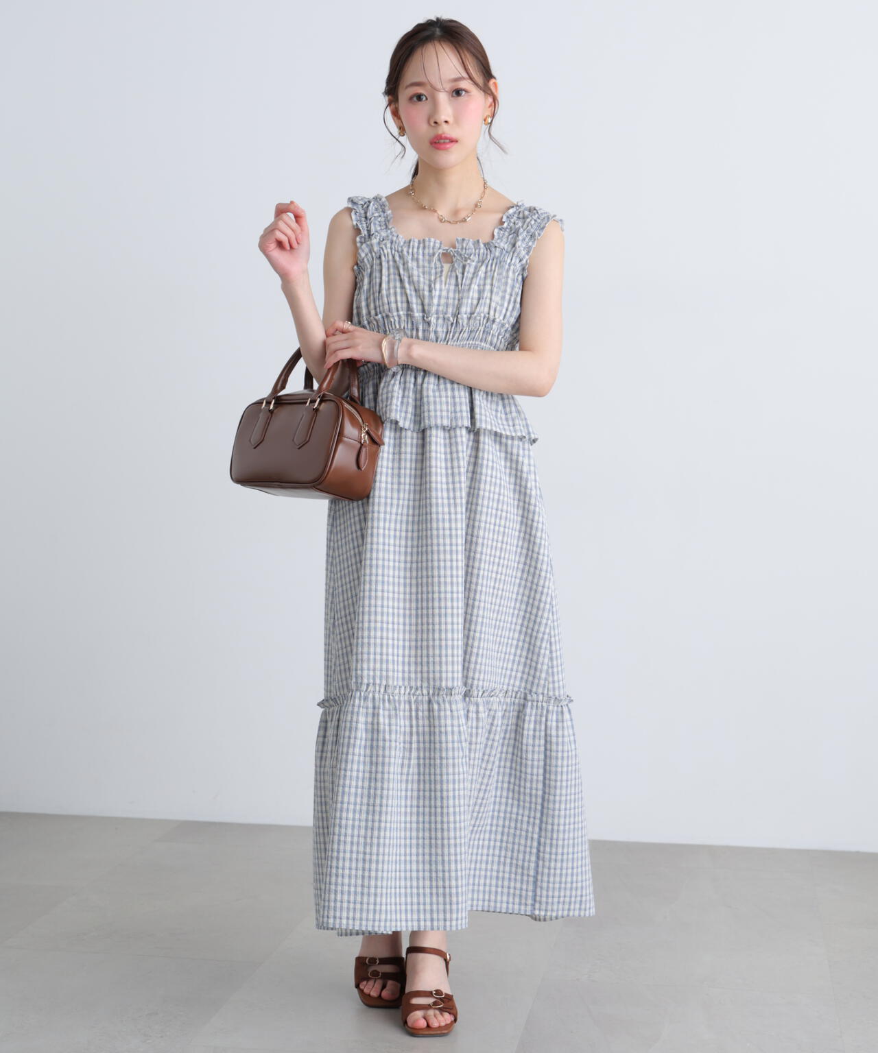 【追加生産予約】シャーリングティアードチェックキャミワンピース