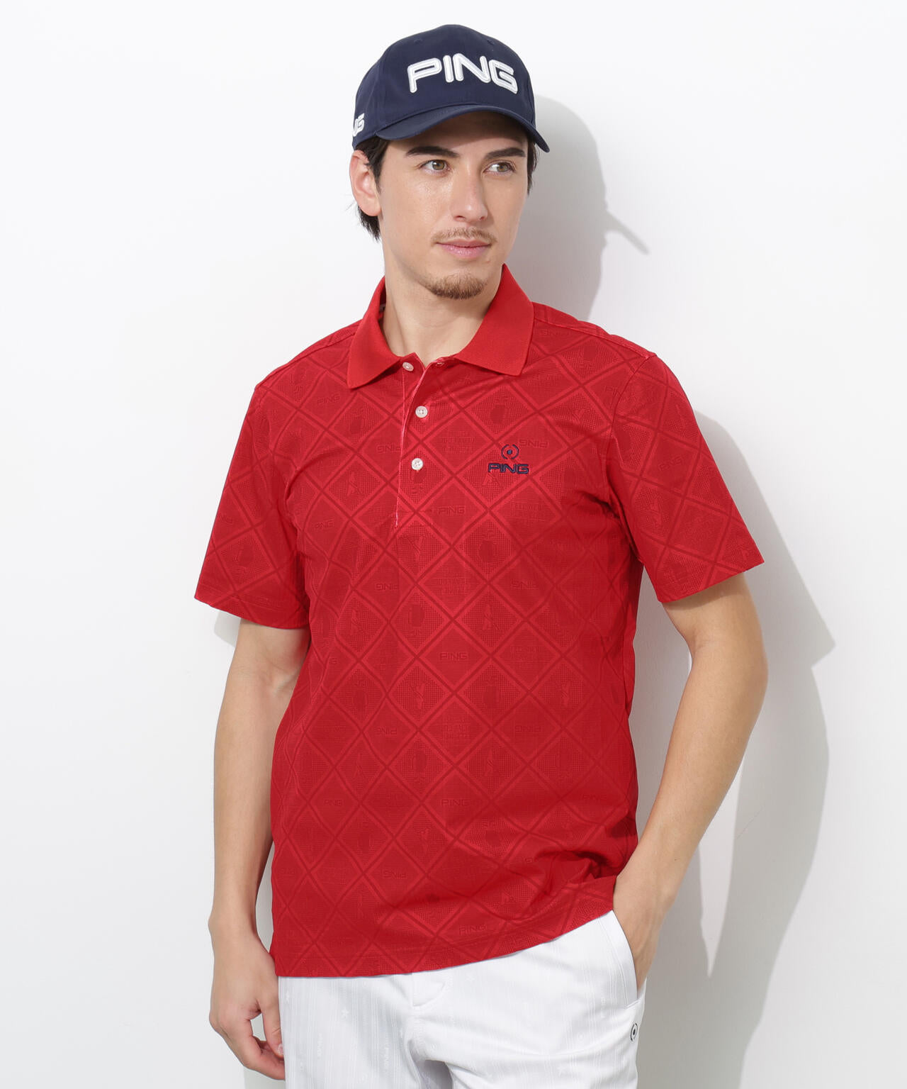 【PING APPAREL】バイアスチェックプリントEPIX変形ストレッチサッカー半袖ポロシャツ ＜NATIVE＞ (MENS)