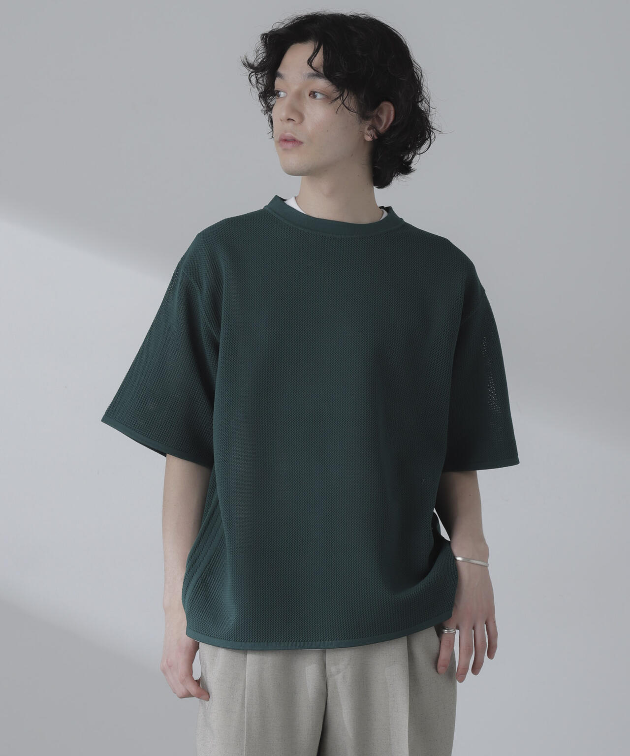 ポリメッシュリラックスクルーネックニットTシャツ