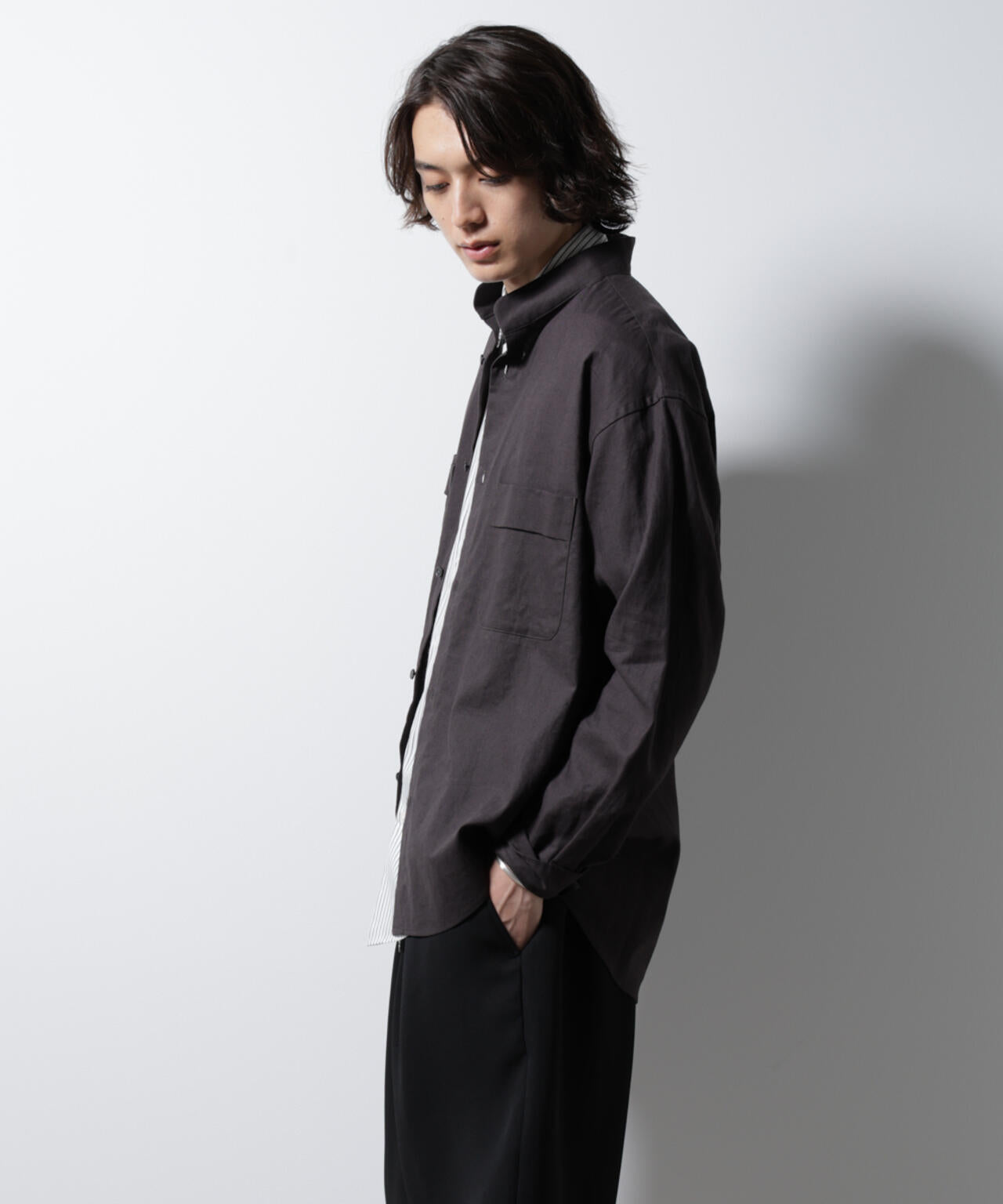 「BELGIUM LINEN FABRICS」リネンコットンスタンドカラーシャツ