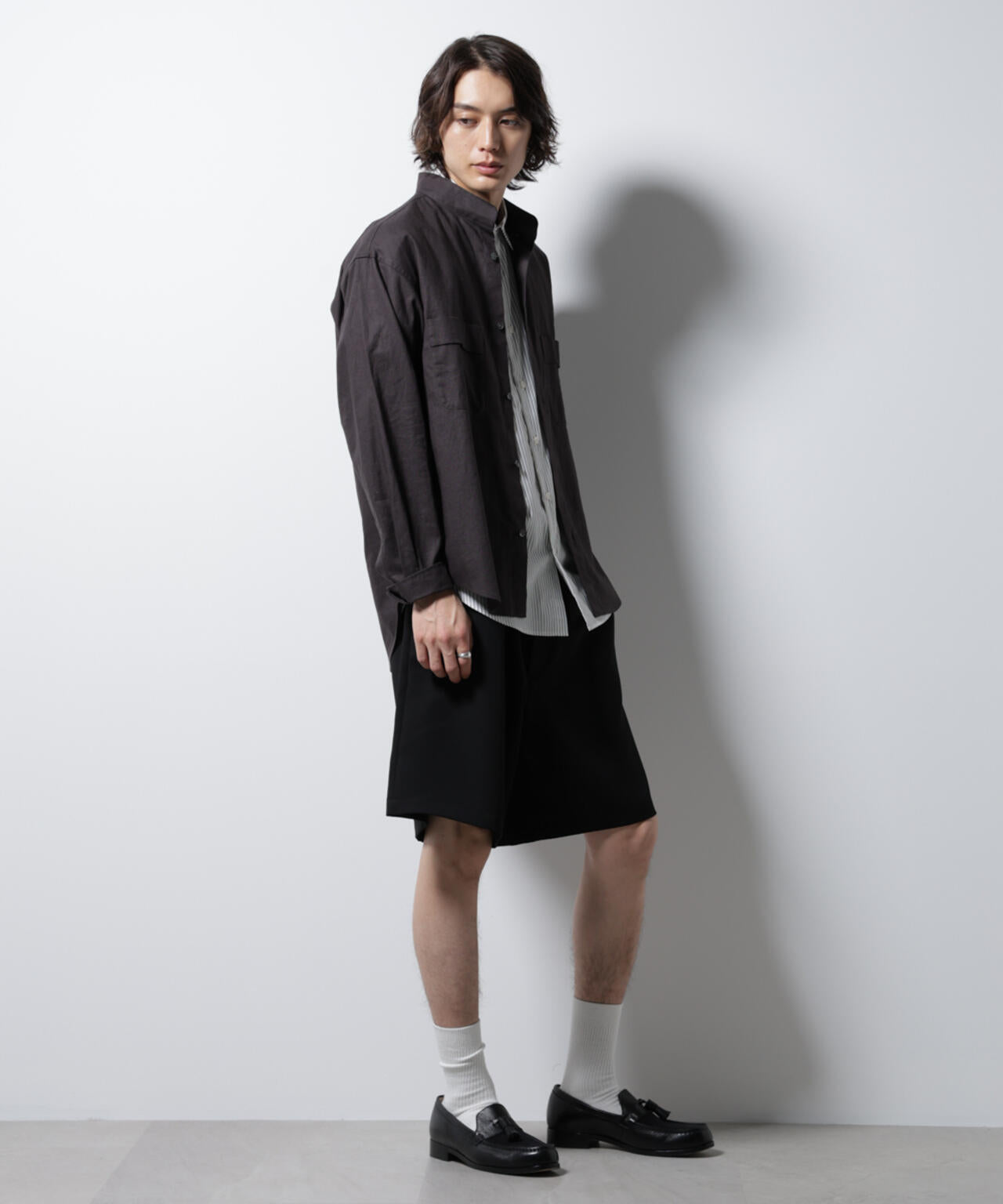 「BELGIUM LINEN FABRICS」リネンコットンスタンドカラーシャツ