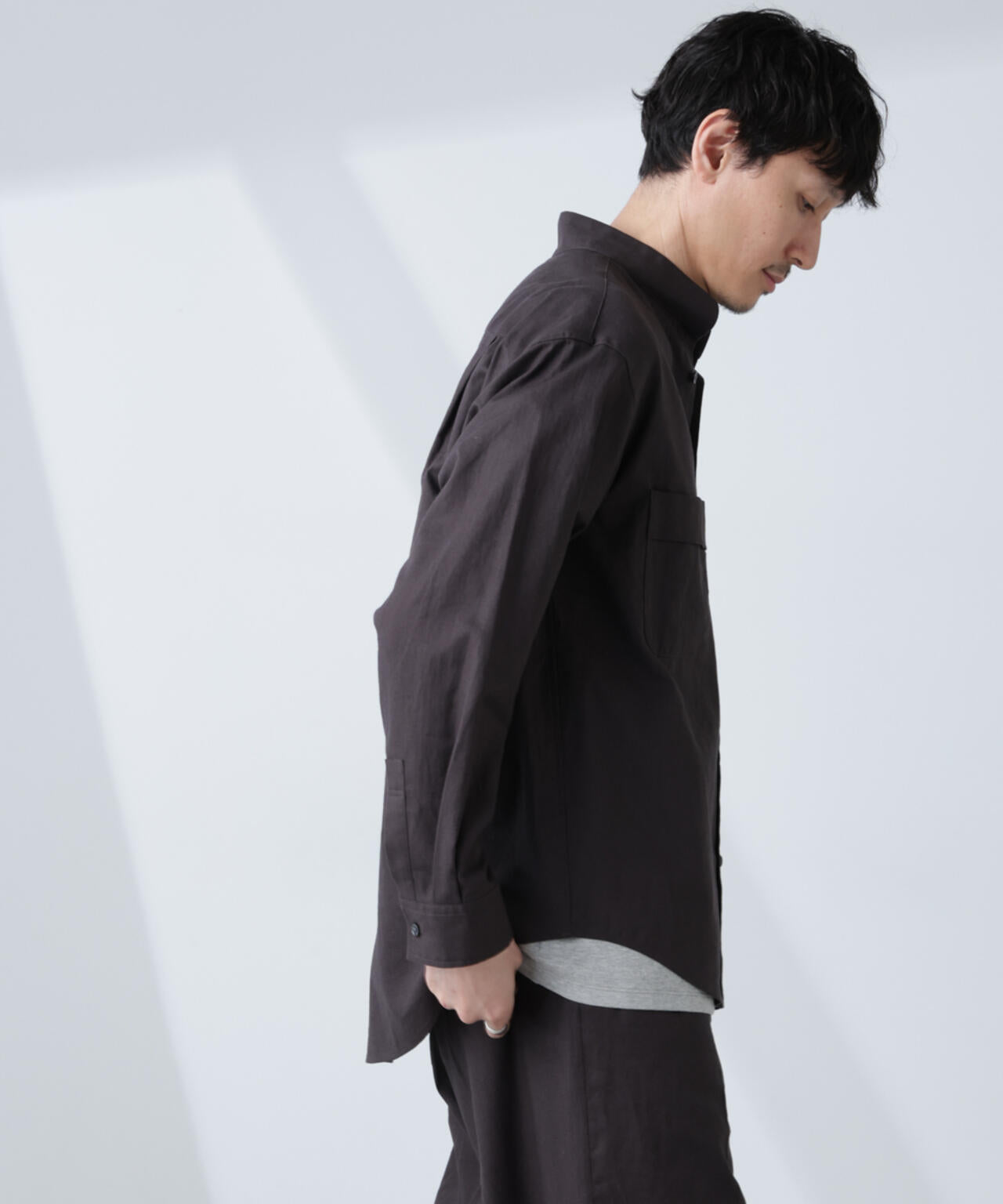 「BELGIUM LINEN FABRICS」リネンコットンスタンドカラーシャツ
