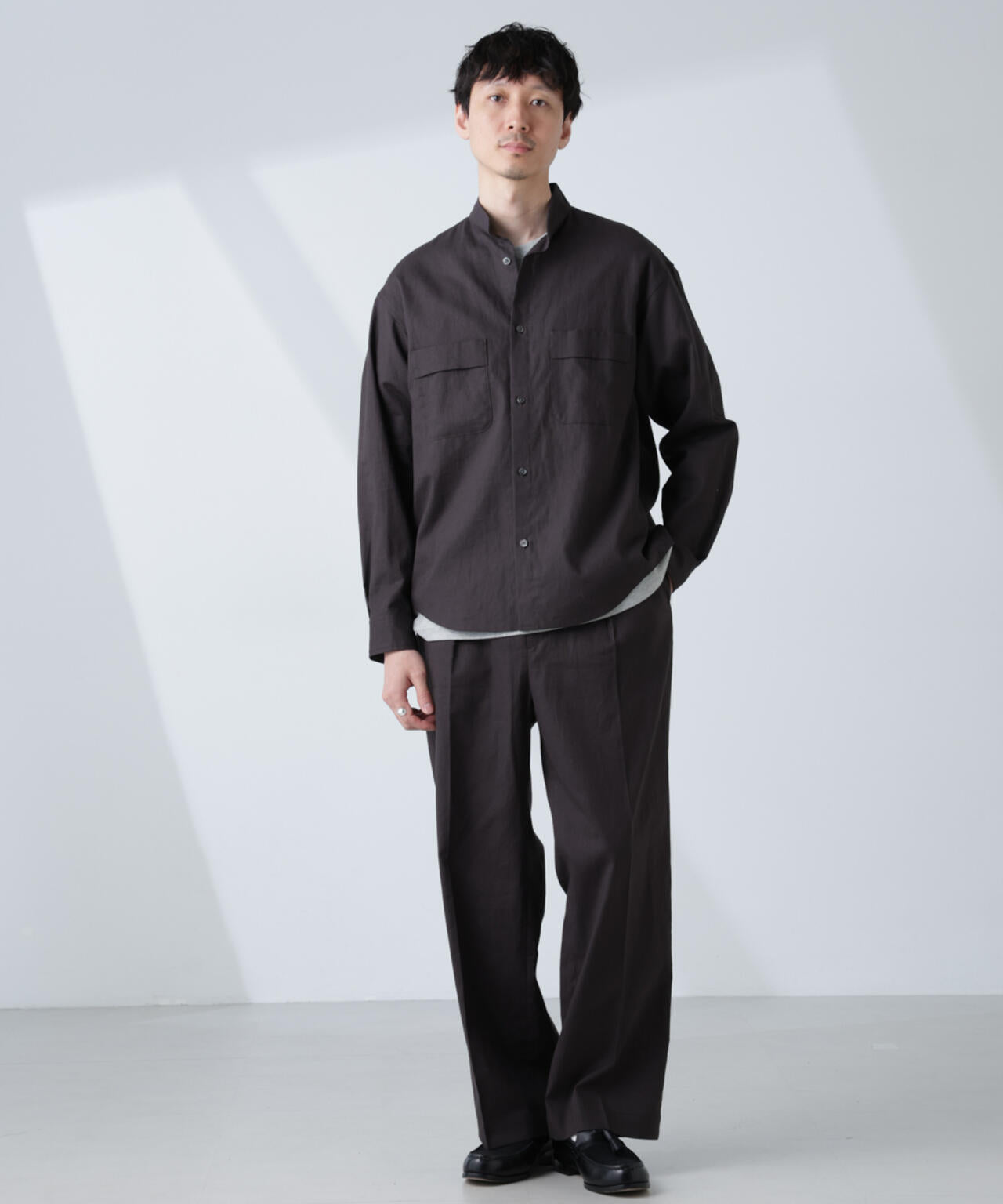 「BELGIUM LINEN FABRICS」リネンコットンスタンドカラーシャツ