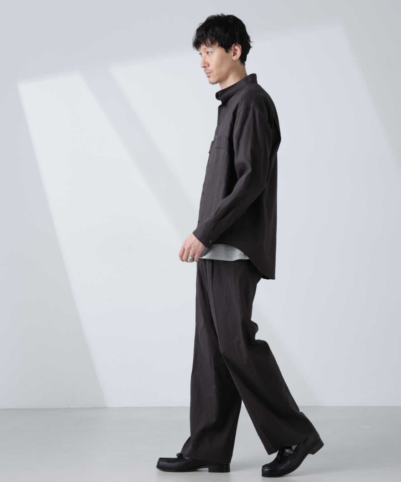 「BELGIUM LINEN FABRICS」リネンコットンスタンドカラーシャツ