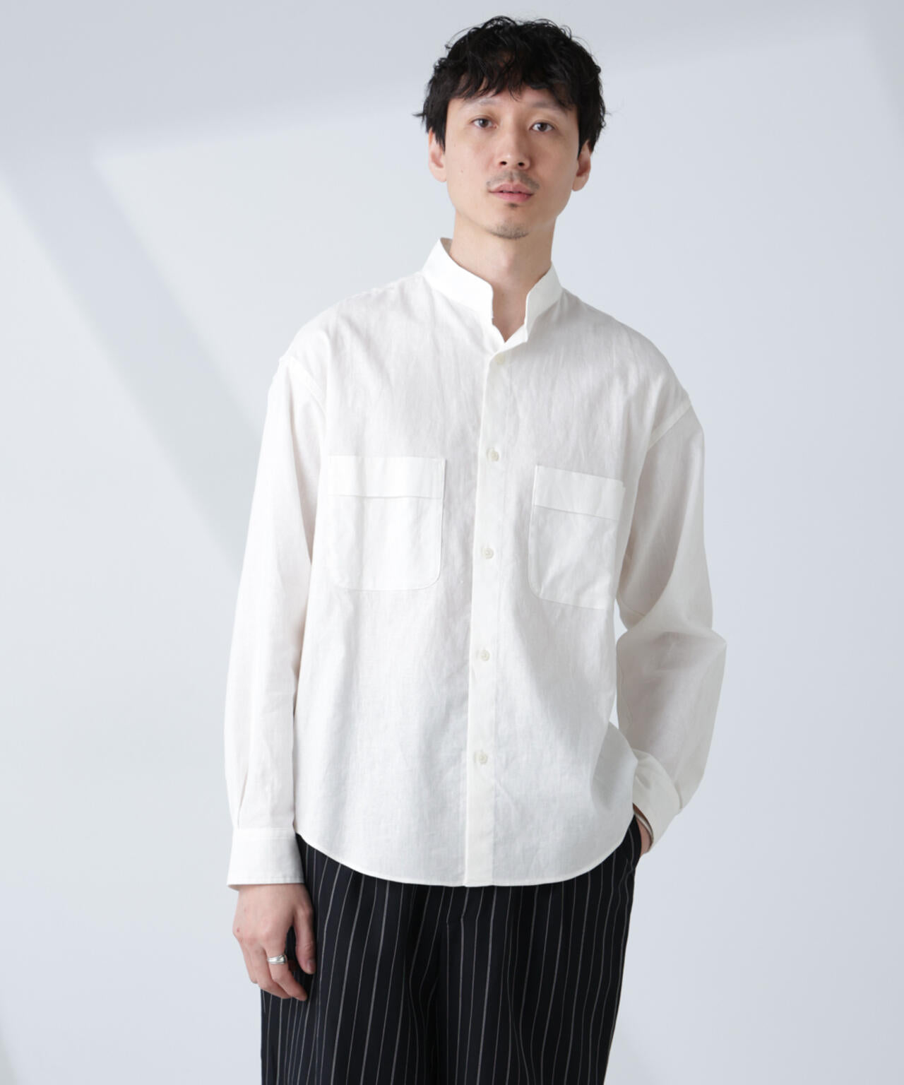 「BELGIUM LINEN FABRICS」リネンコットンスタンドカラーシャツ