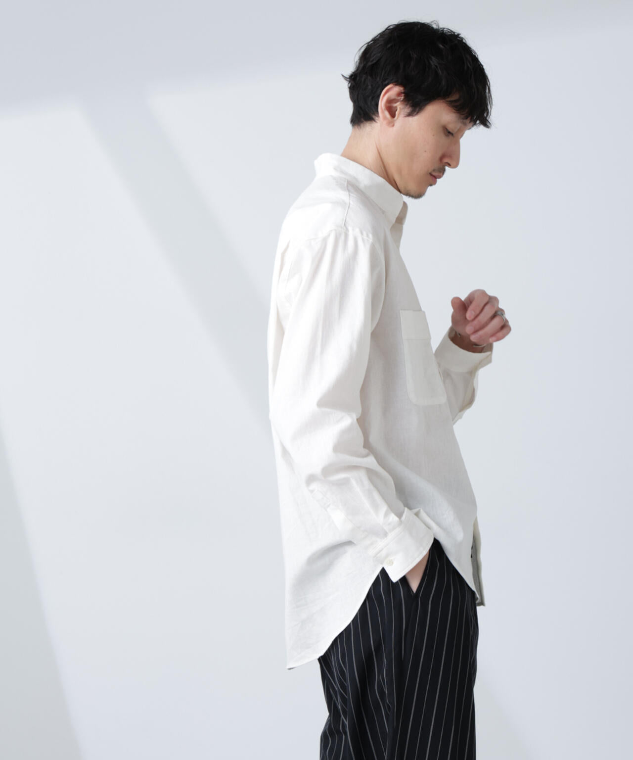 「BELGIUM LINEN FABRICS」リネンコットンスタンドカラーシャツ
