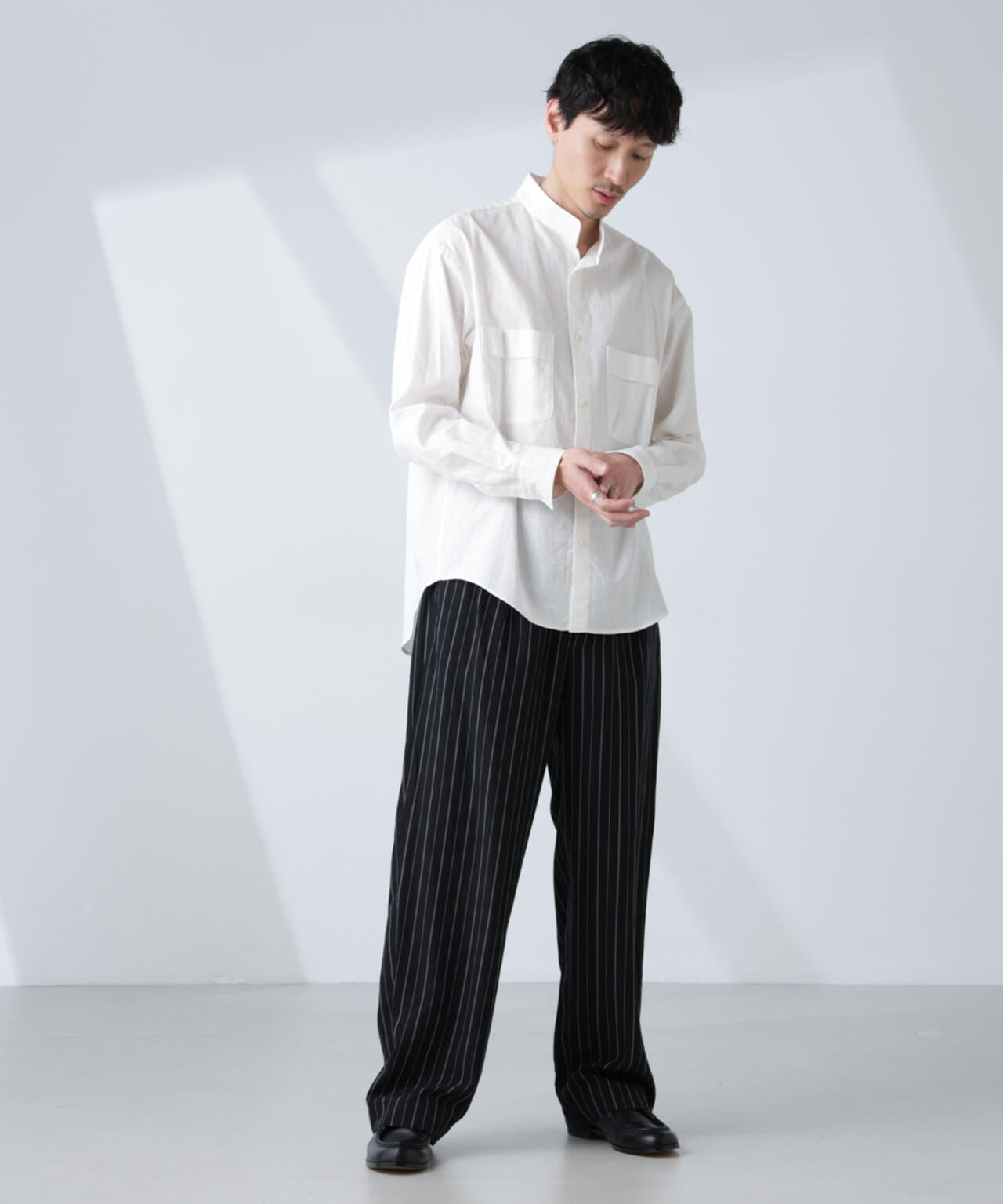 「BELGIUM LINEN FABRICS」リネンコットンスタンドカラーシャツ