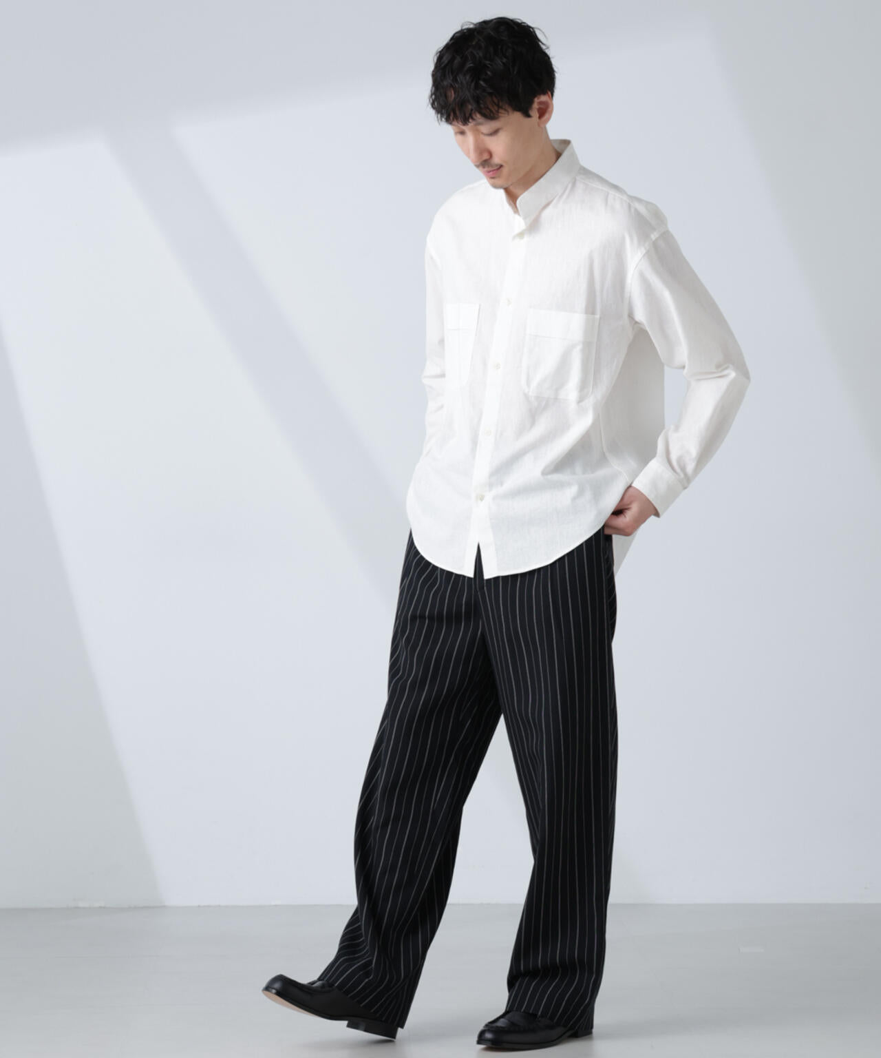 「BELGIUM LINEN FABRICS」リネンコットンスタンドカラーシャツ