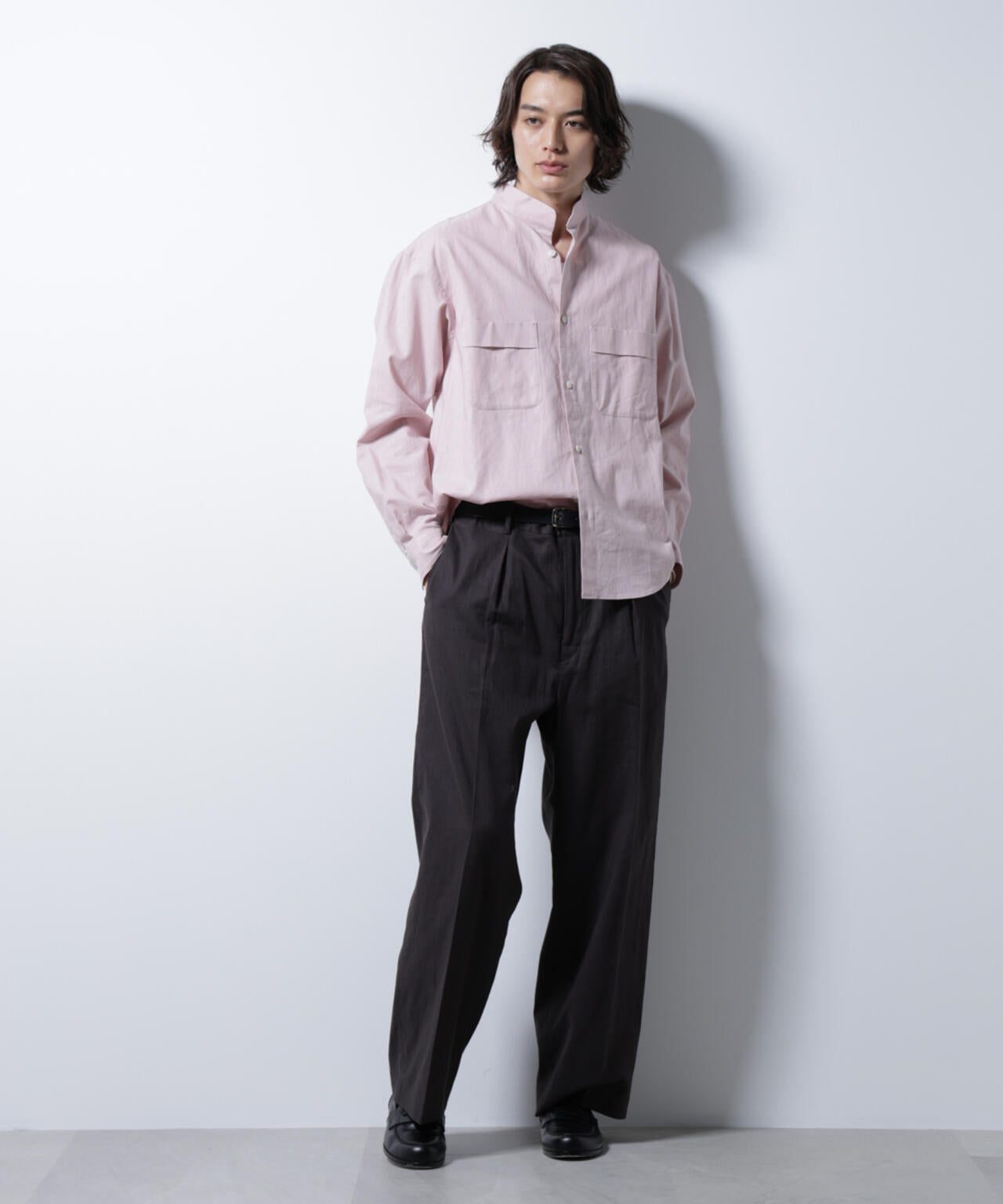 「BELGIUM LINEN FABRICS」リネンコットンスタンドカラーシャツ