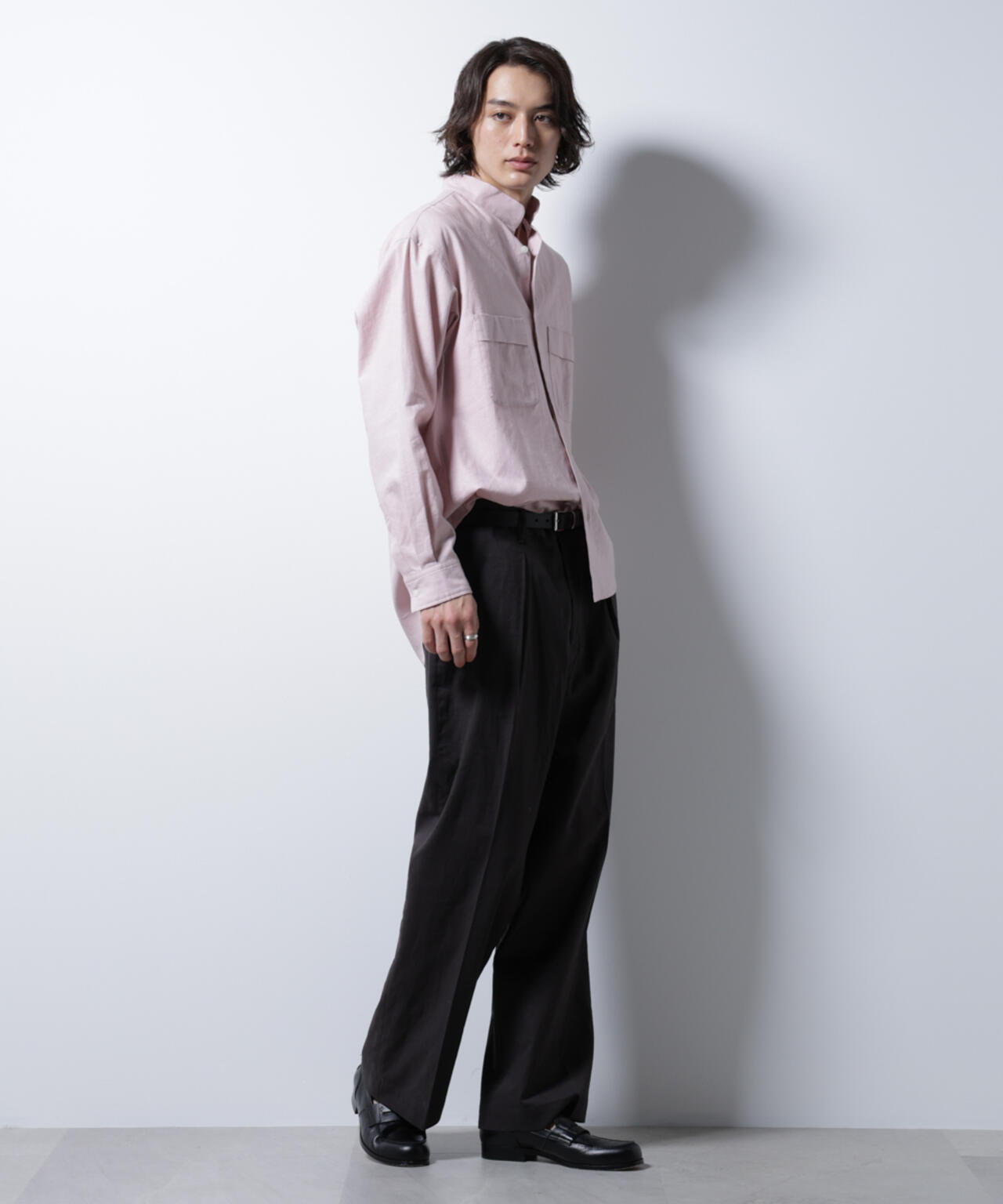 「BELGIUM LINEN FABRICS」リネンコットンスタンドカラーシャツ