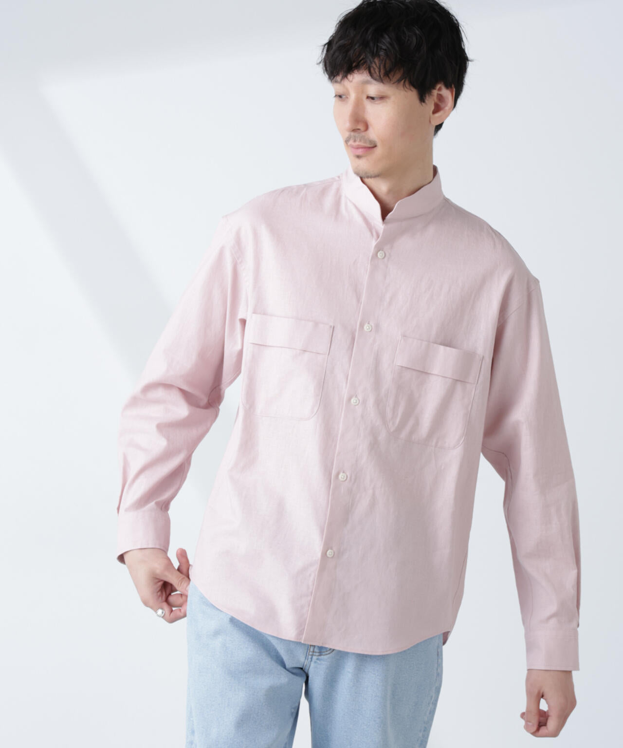 「BELGIUM LINEN FABRICS」リネンコットンスタンドカラーシャツ