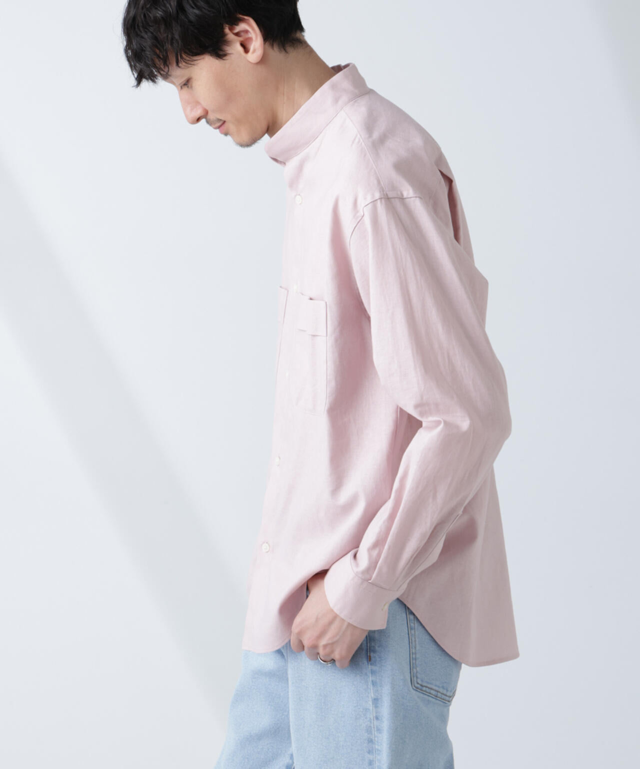 「BELGIUM LINEN FABRICS」リネンコットンスタンドカラーシャツ