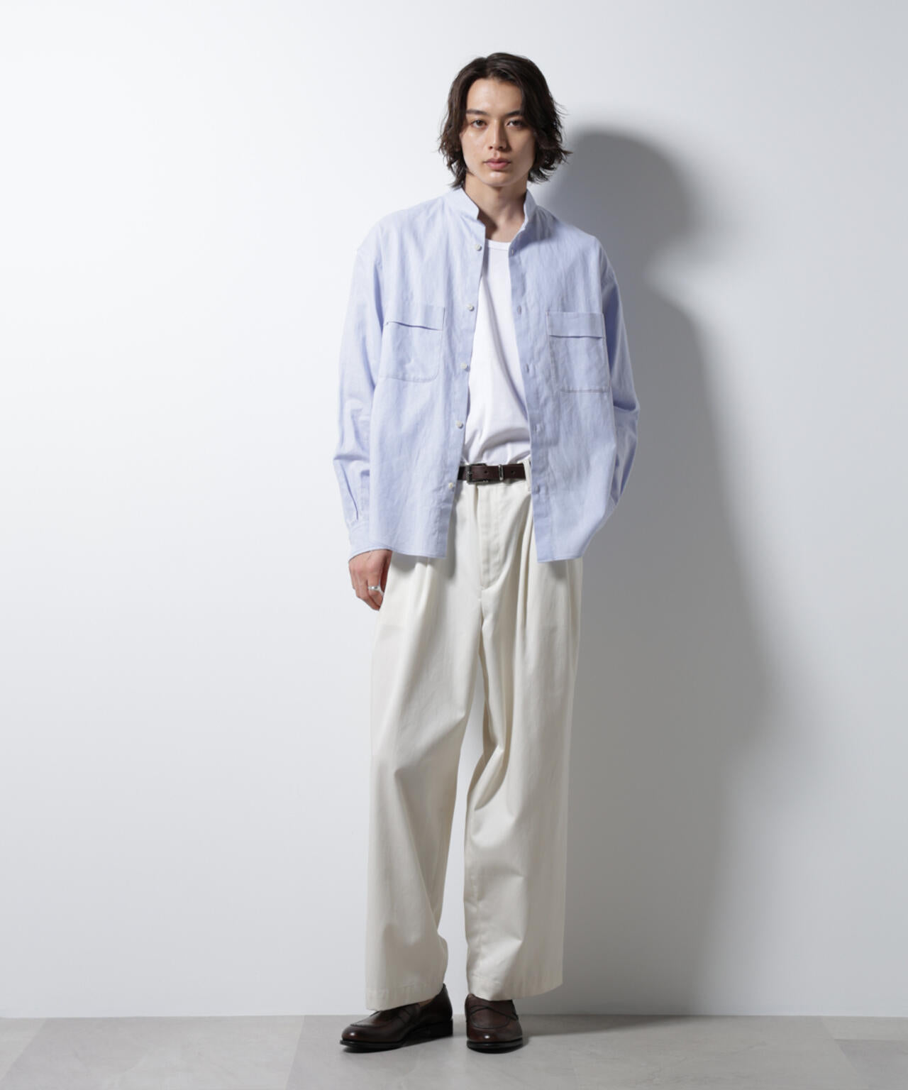 「BELGIUM LINEN FABRICS」リネンコットンスタンドカラーシャツ