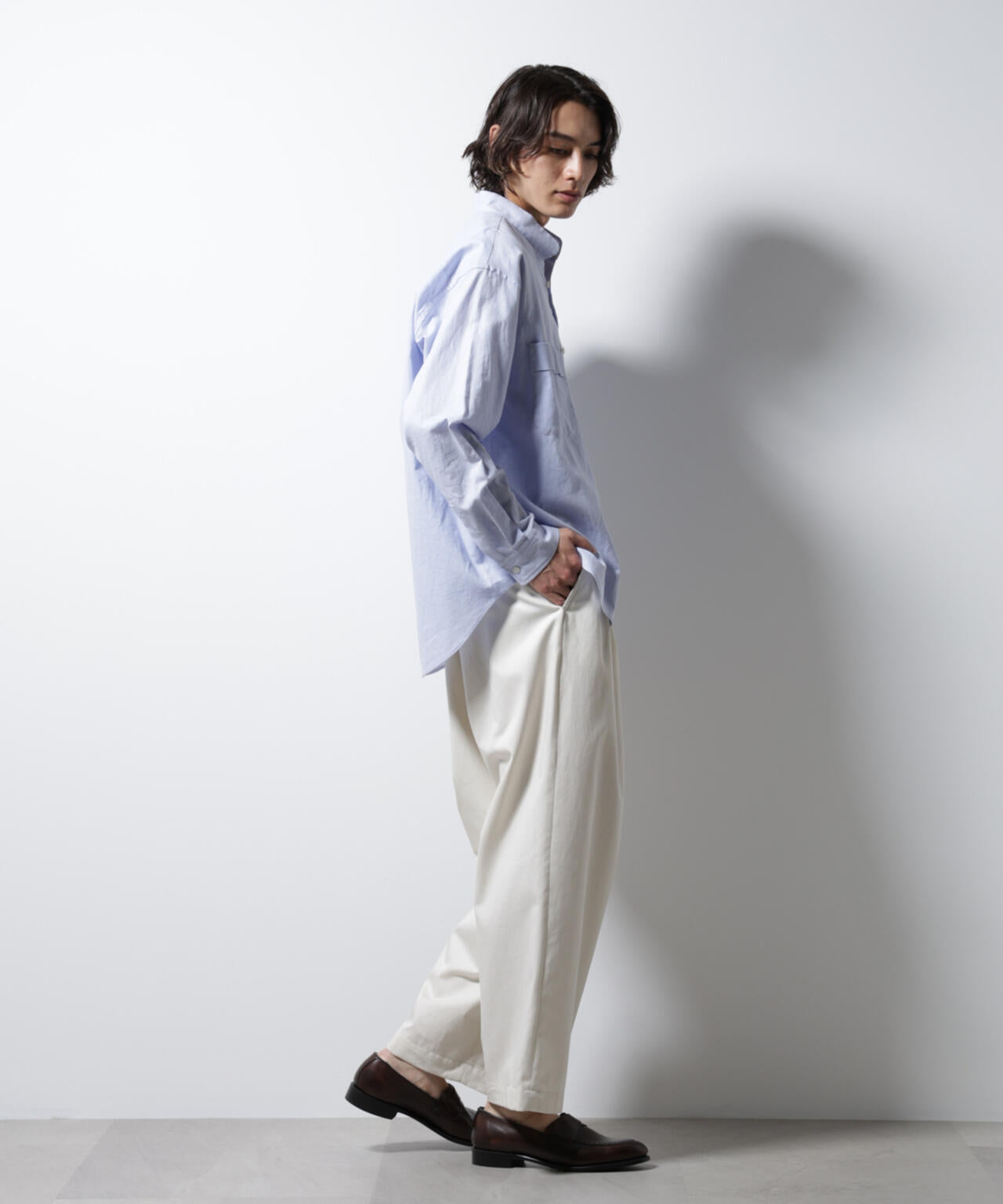 「BELGIUM LINEN FABRICS」リネンコットンスタンドカラーシャツ