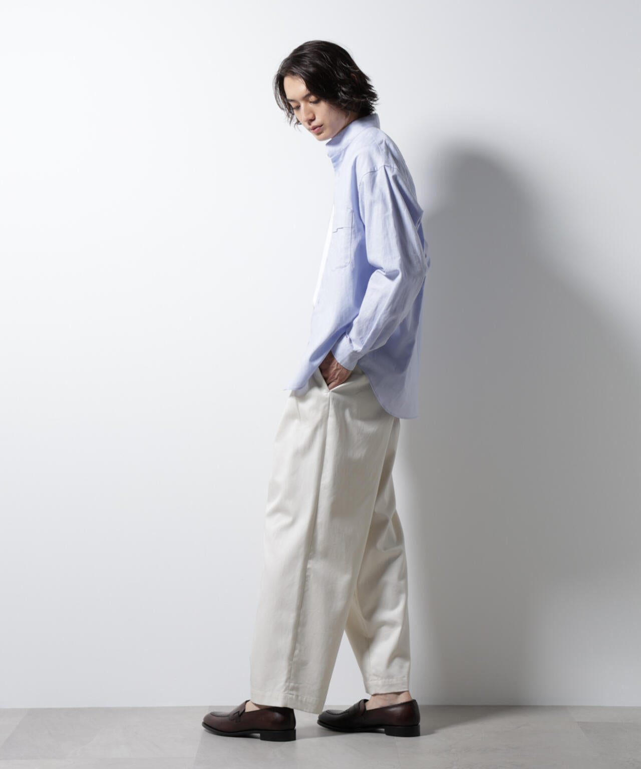 「BELGIUM LINEN FABRICS」リネンコットンスタンドカラーシャツ