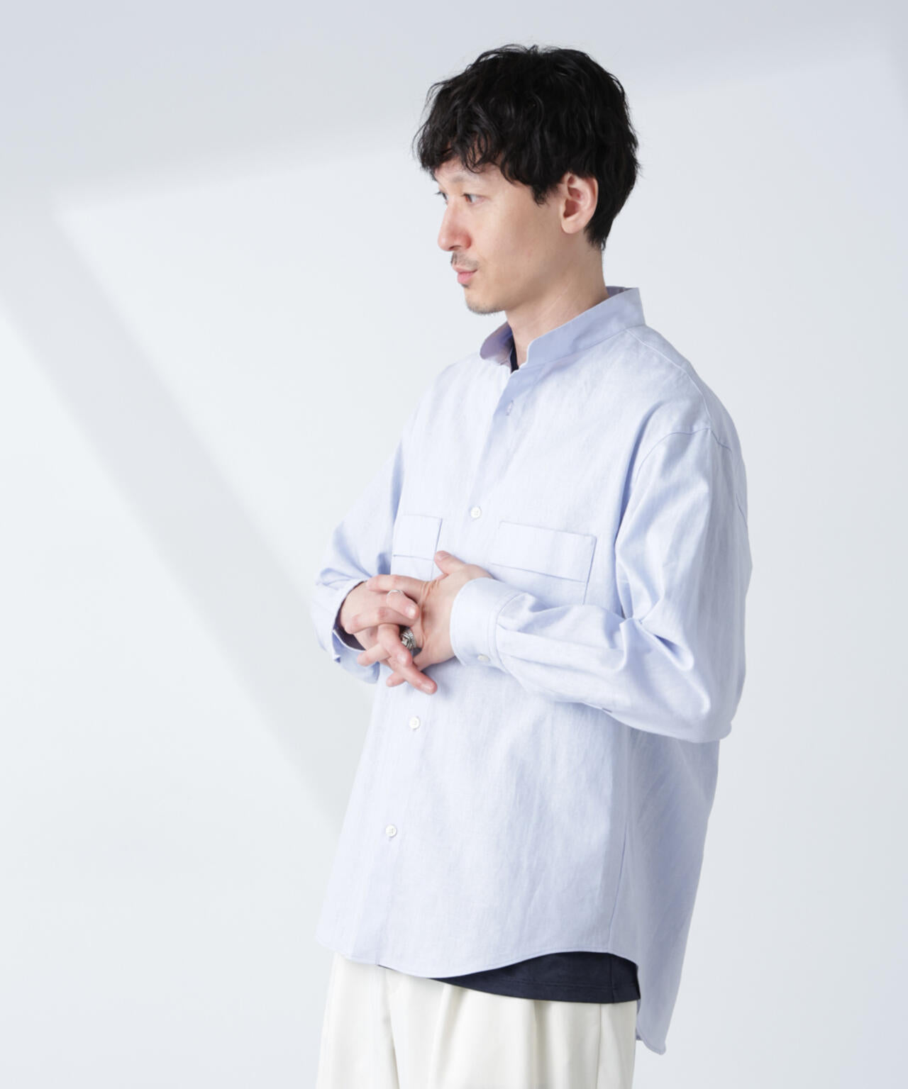 「BELGIUM LINEN FABRICS」リネンコットンスタンドカラーシャツ